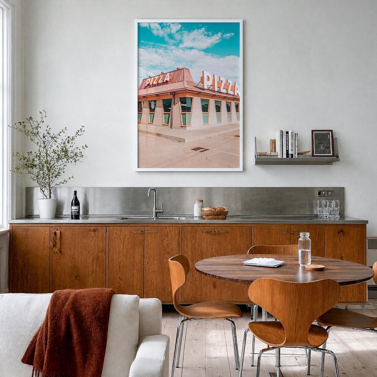 Route 66 Pizza colorful photo poster – vertical wall art in white wood frame, hanging on wall