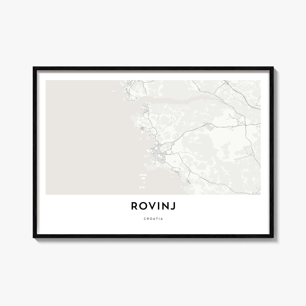 Rovinj black & white map poster of Croatia – horizontal wall art, unframed print shown in interior mockup