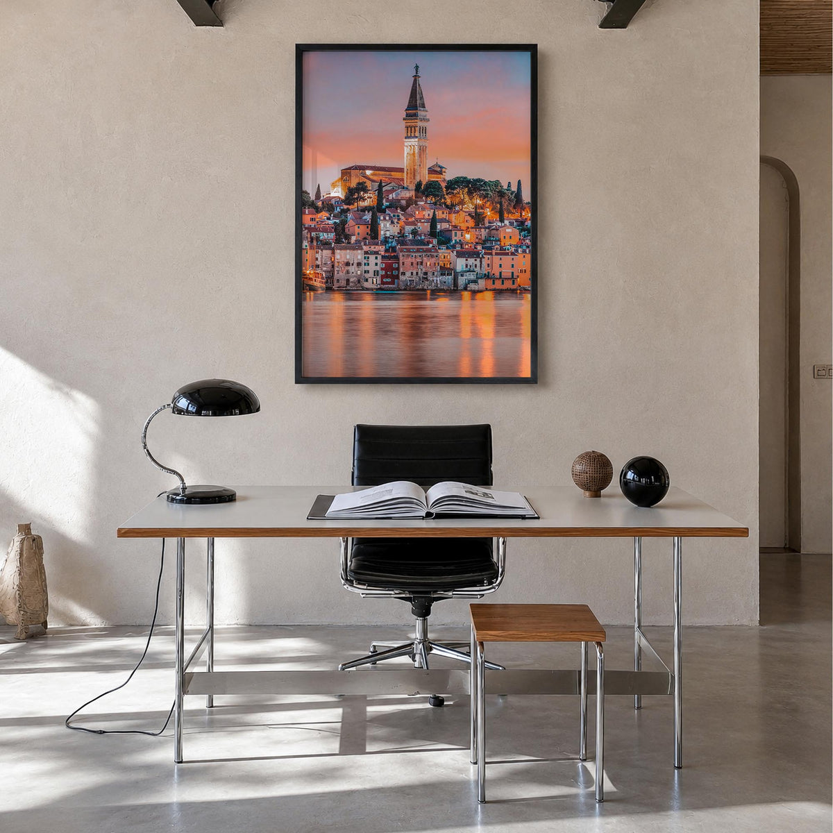 Rovinj colorful photo poster of Croatia – vertical wall art in black wood frame, hanging on wall