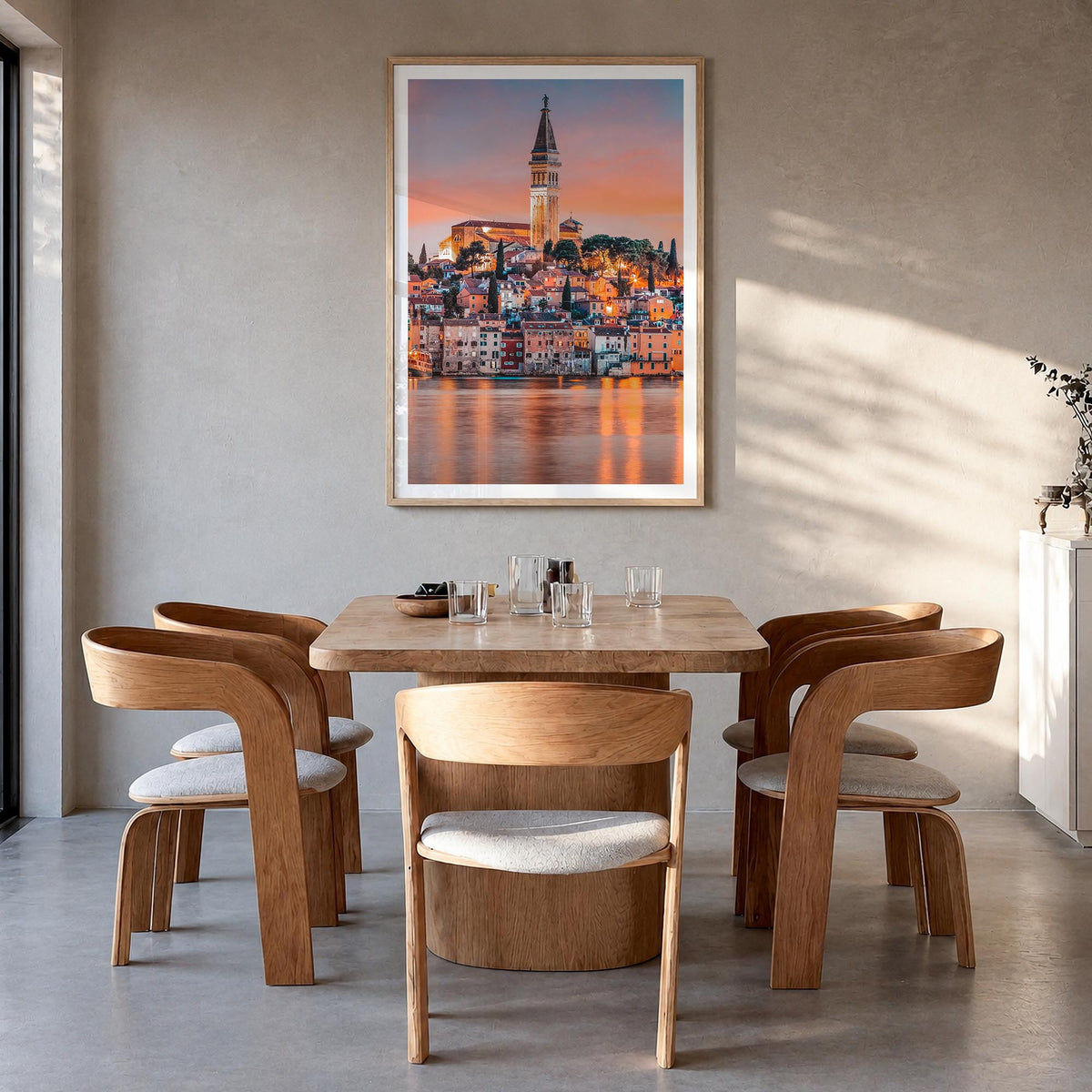 Rovinj colorful photo poster of Croatia – vertical wall art in natural wood frame with white border, hanging on wall