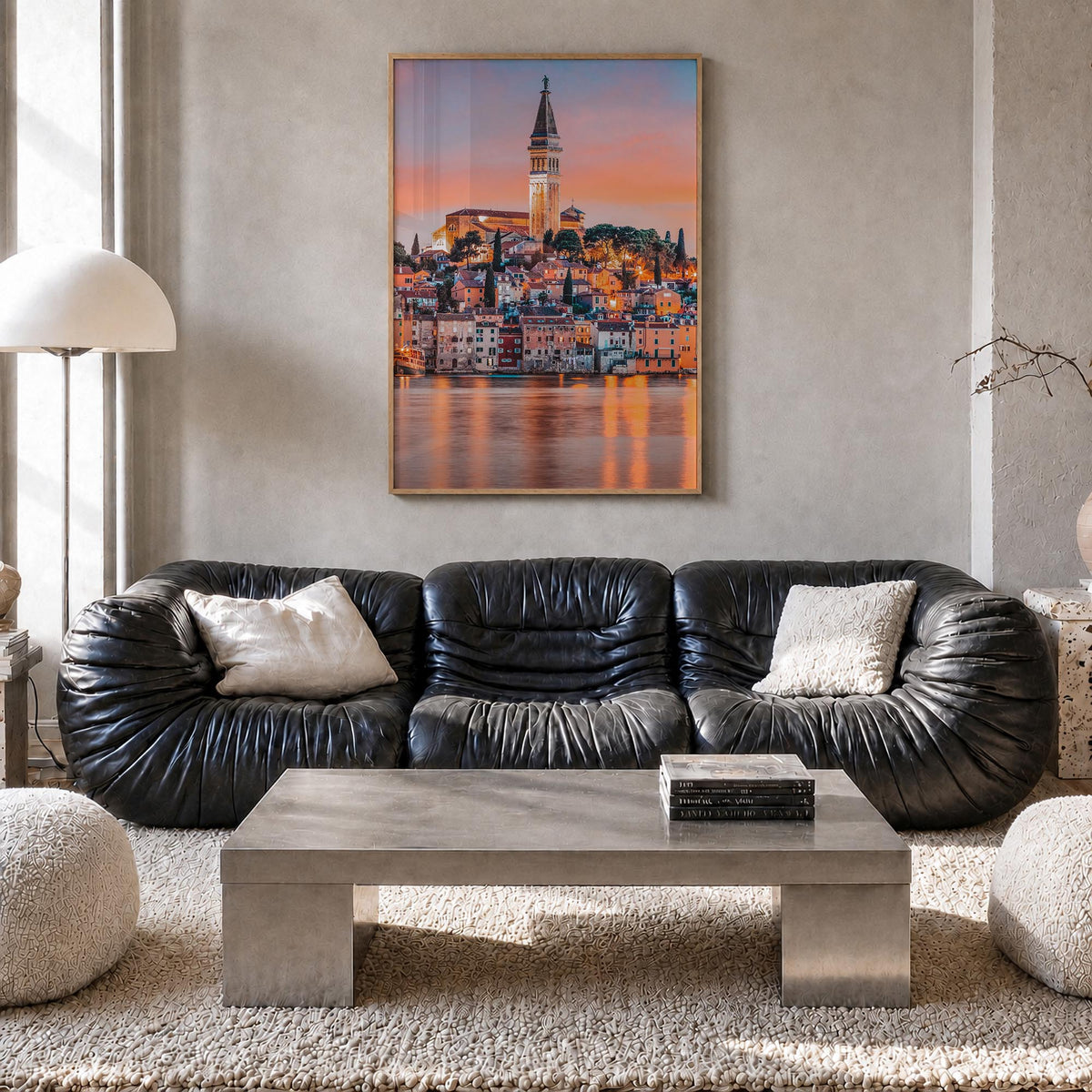 Rovinj colorful photo poster of Croatia – vertical wall art in natural wood frame, hanging on wall