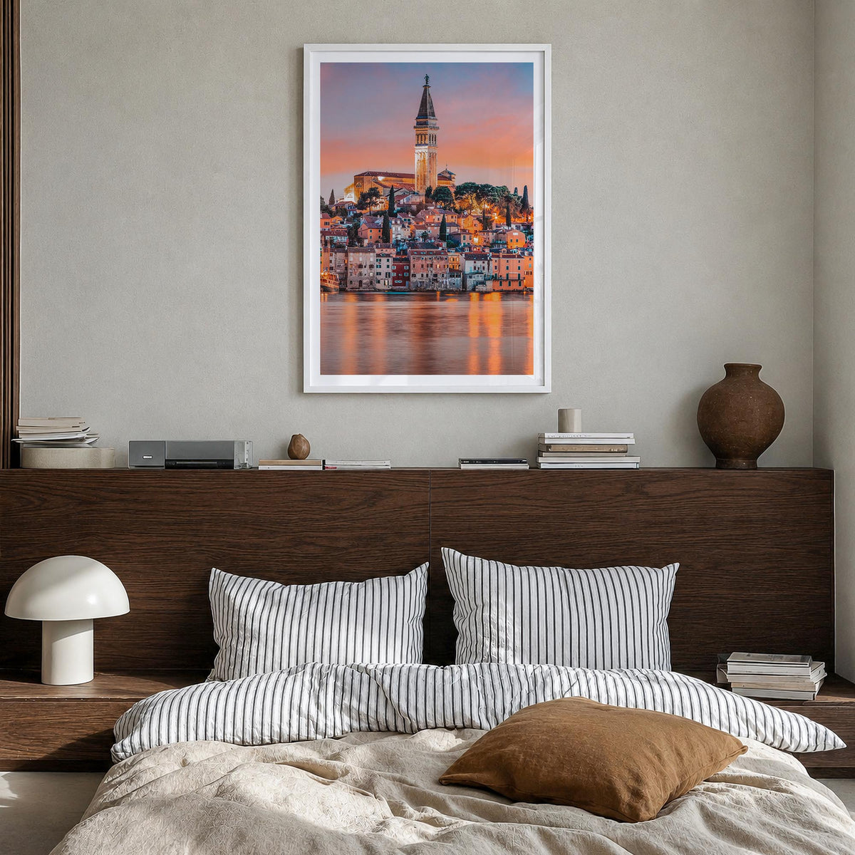 Rovinj colorful photo poster of Croatia – vertical wall art in white wood frame with white border, hanging on wall