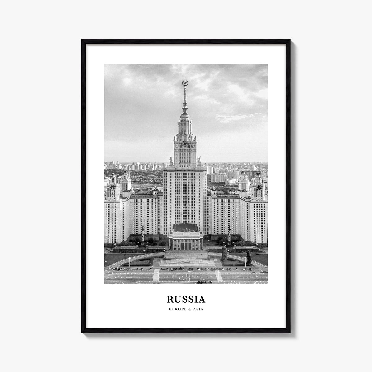 Russia black & white classic poster of Europe & Asia – vertical wall art, unframed print shown in interior mockup