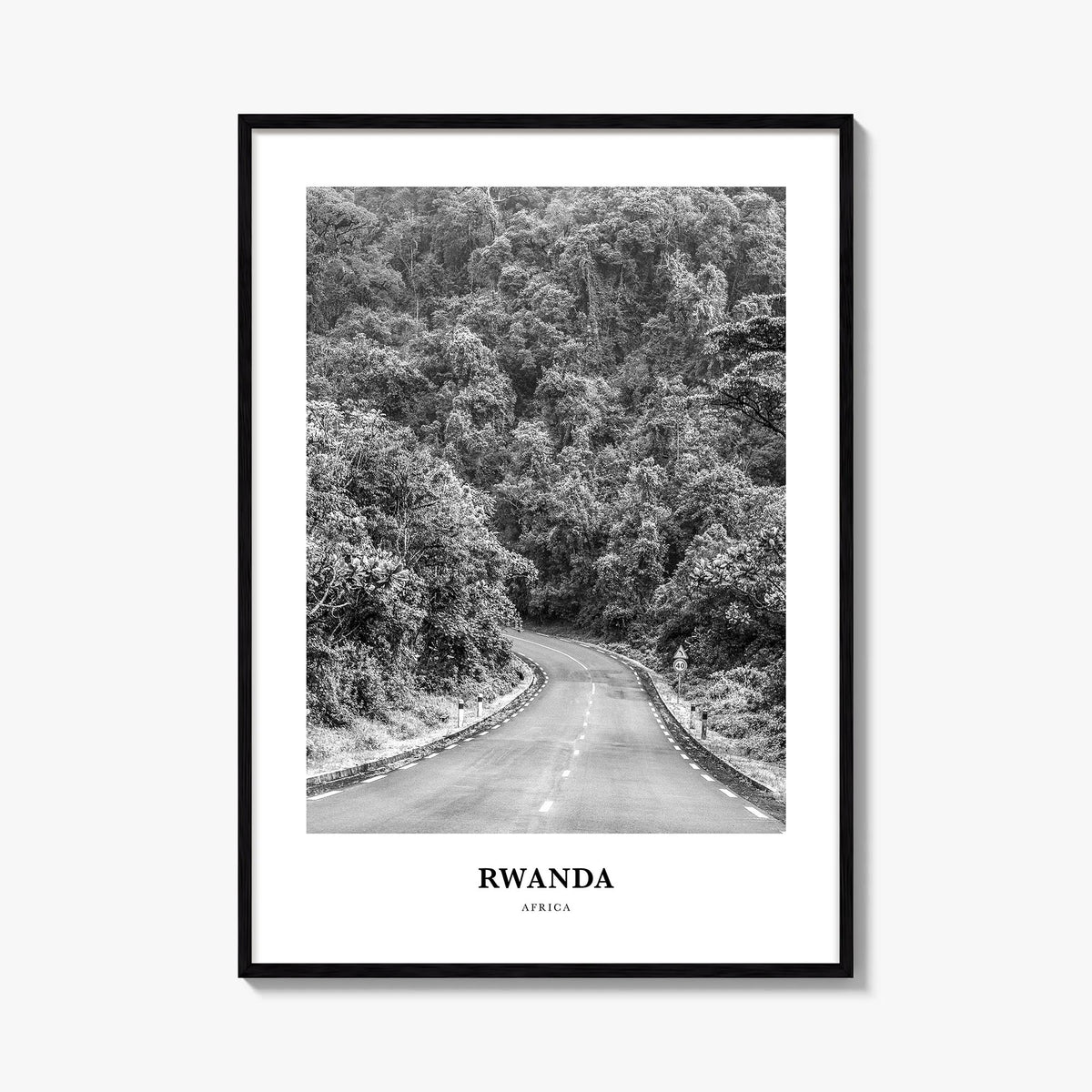 Rwanda black & white classic poster of Africa – vertical wall art, unframed print shown in interior mockup