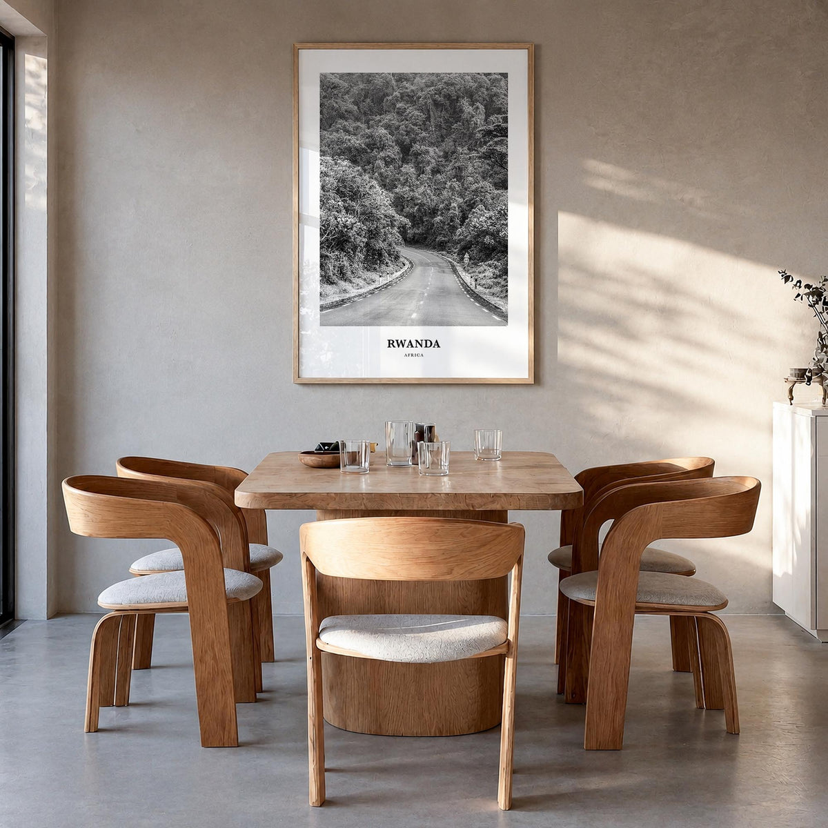 Rwanda black & white classic poster of Africa – vertical wall art in natural wood frame, hanging on wall