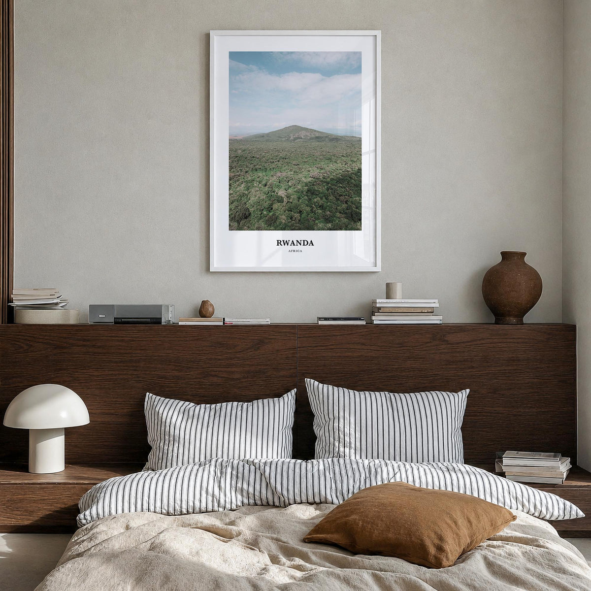 Rwanda colorful classic poster of Africa – vertical wall art in white wood frame, hanging on wall