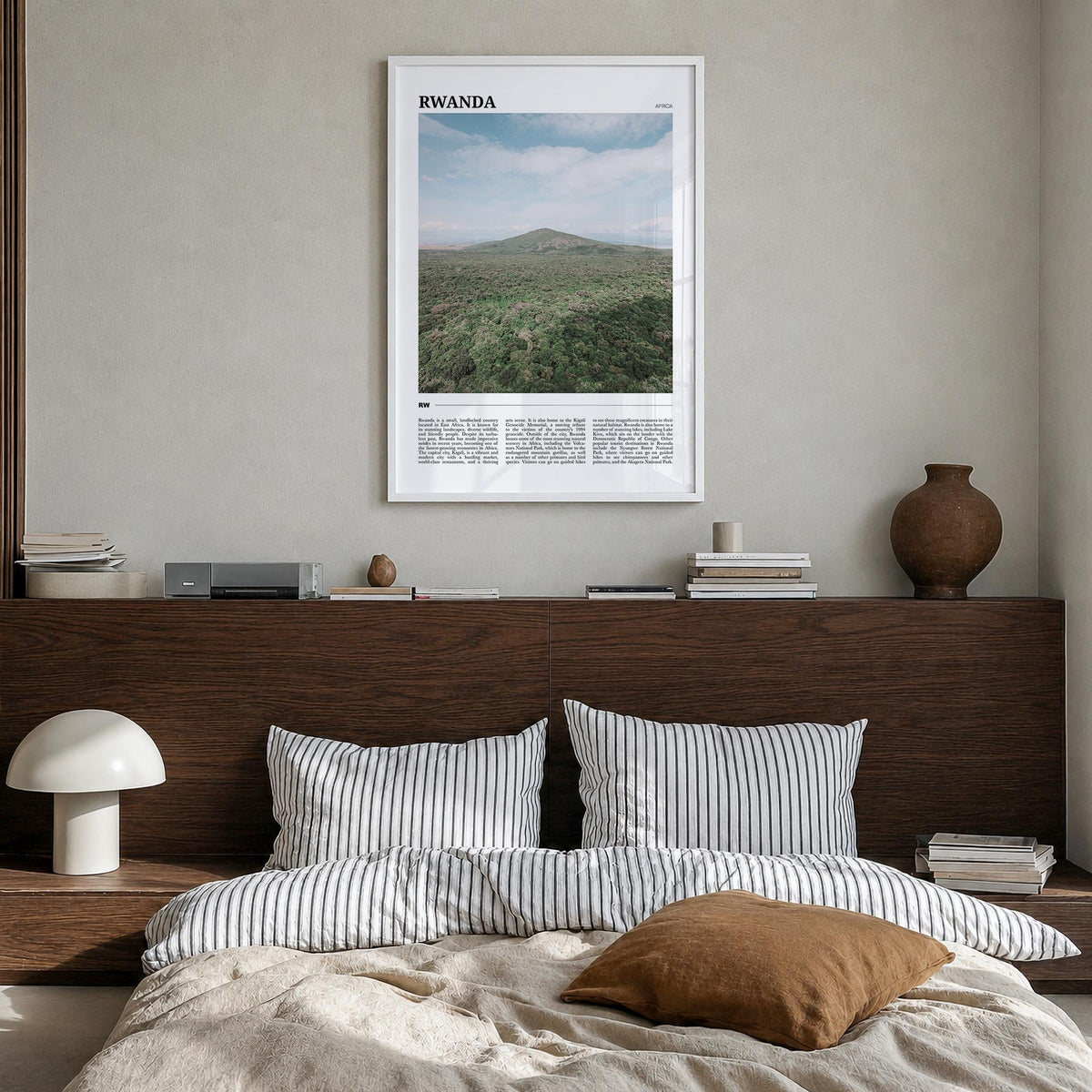 Rwanda colorful travel poster of Africa – vertical wall art in white wood frame, hanging on wall