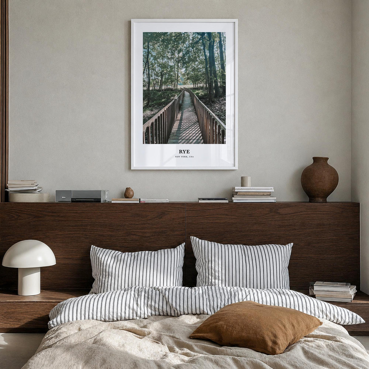 Rye colorful classic poster of New York, USA – vertical wall art in white wood frame, hanging on wall