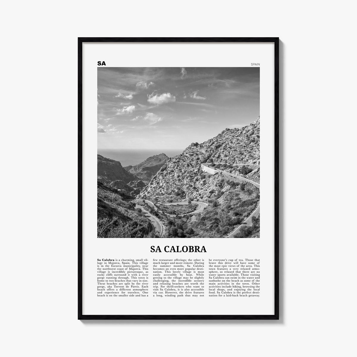 Sa Calobra black & white newspaper poster of Spain – vertical wall art, unframed print shown in interior mockup