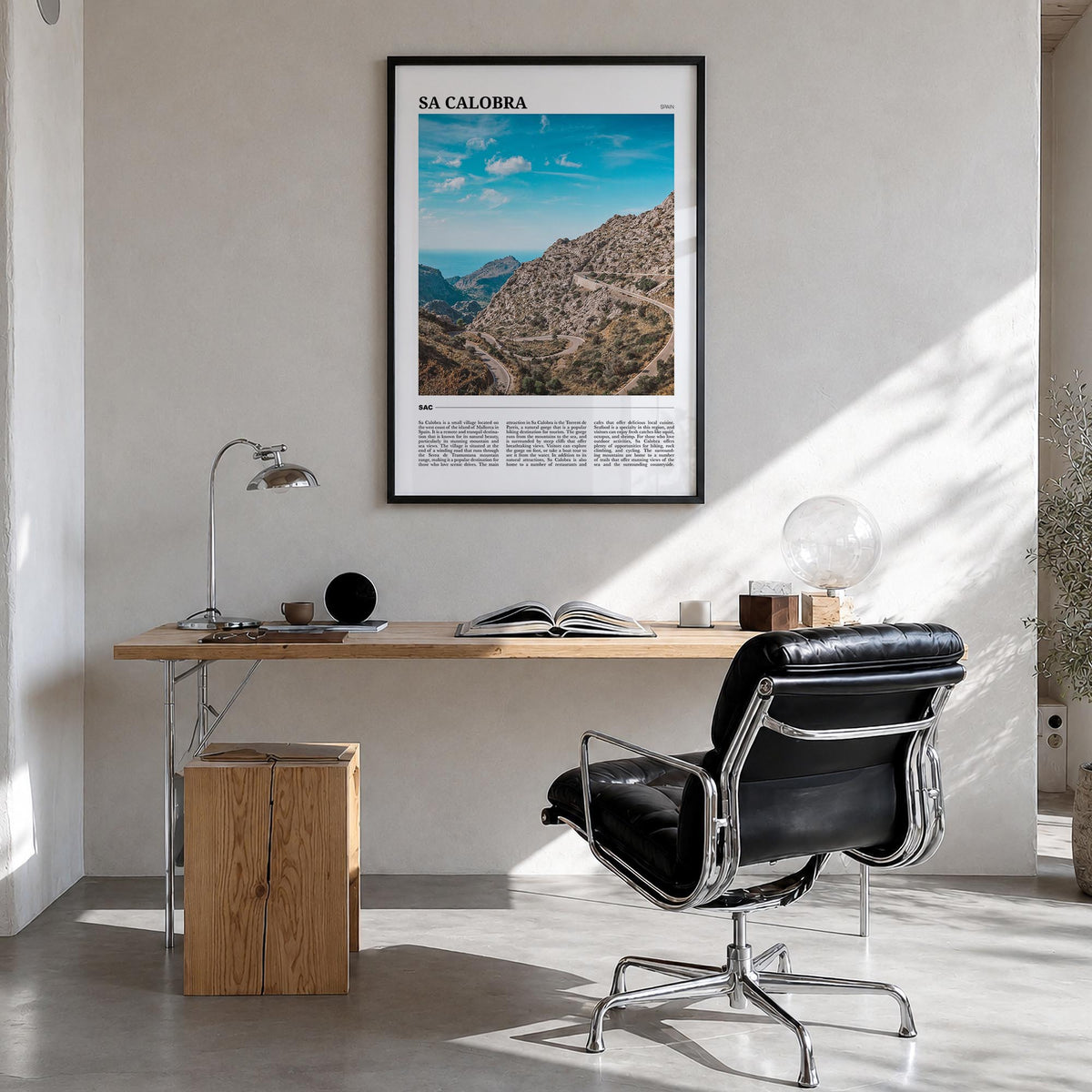 Sa Calobra colorful travel poster of Spain – vertical wall art in black wood frame, hanging on wall