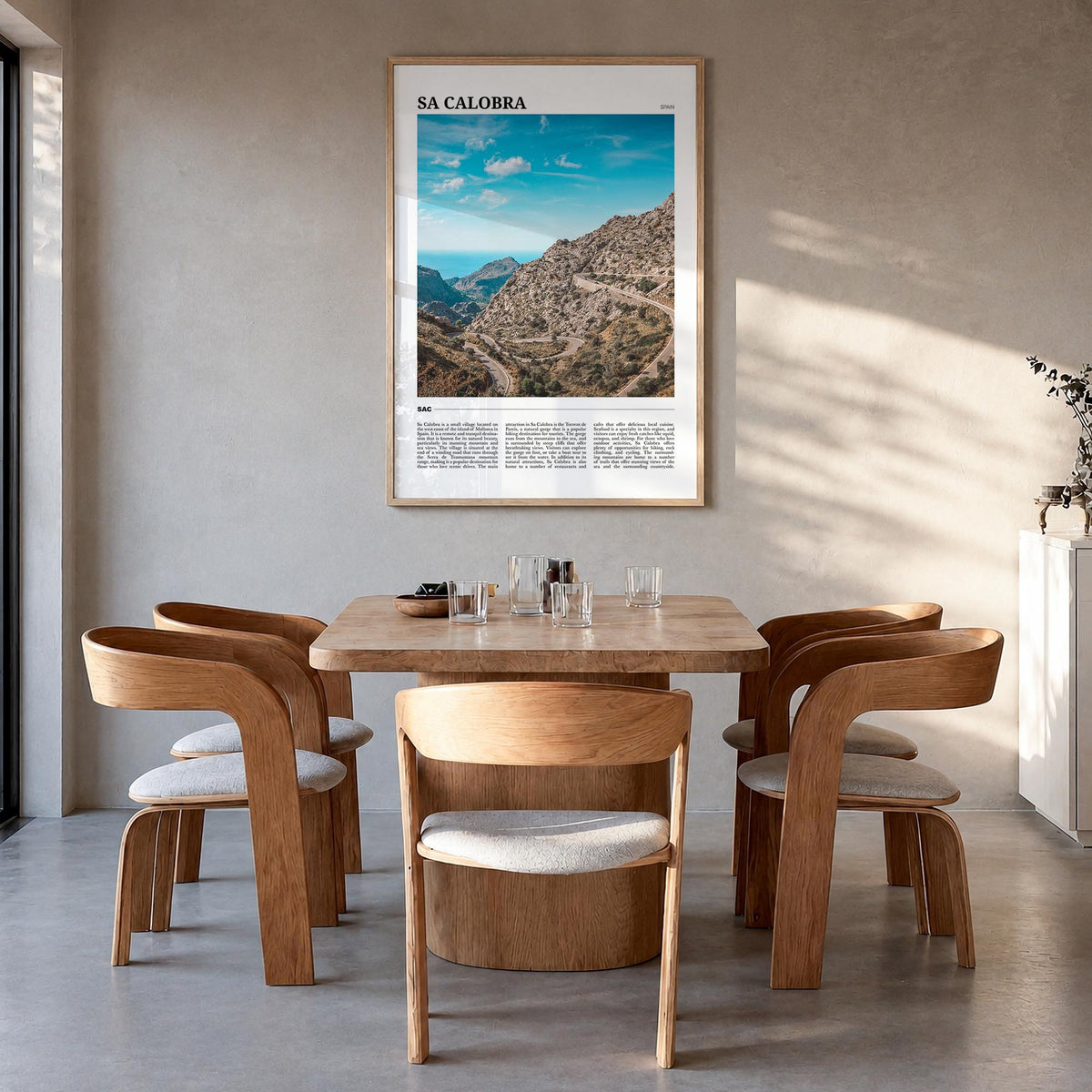 Sa Calobra colorful travel poster of Spain – vertical wall art in natural wood frame, hanging on wall