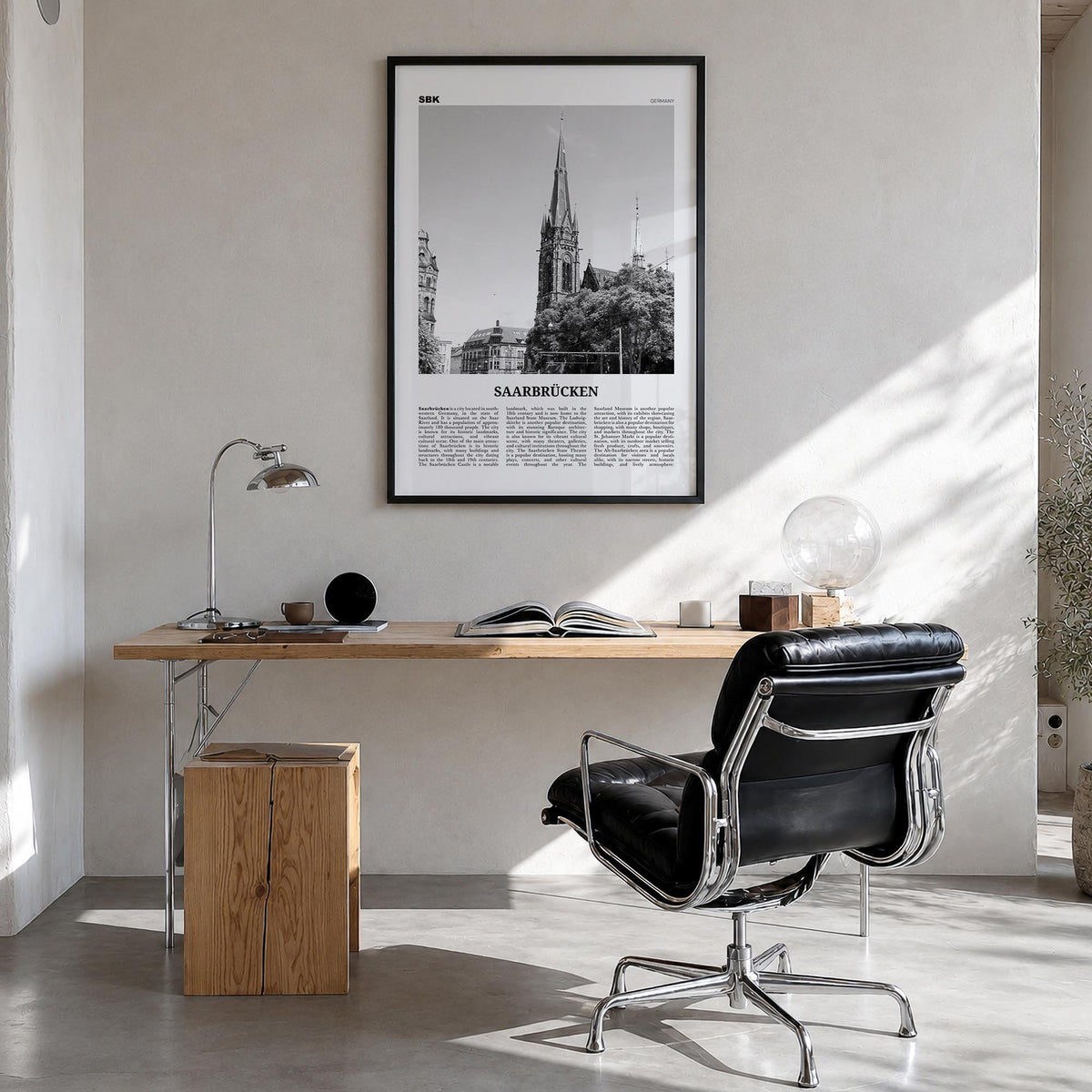 Saarbrücken black & white newspaper poster of Germany – vertical wall art in black wood frame, hanging on wall