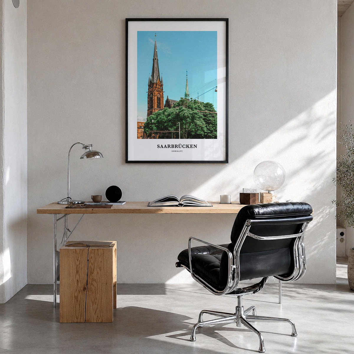 Saarbrücken colorful classic poster of Germany – vertical wall art in black wood frame, hanging on wall