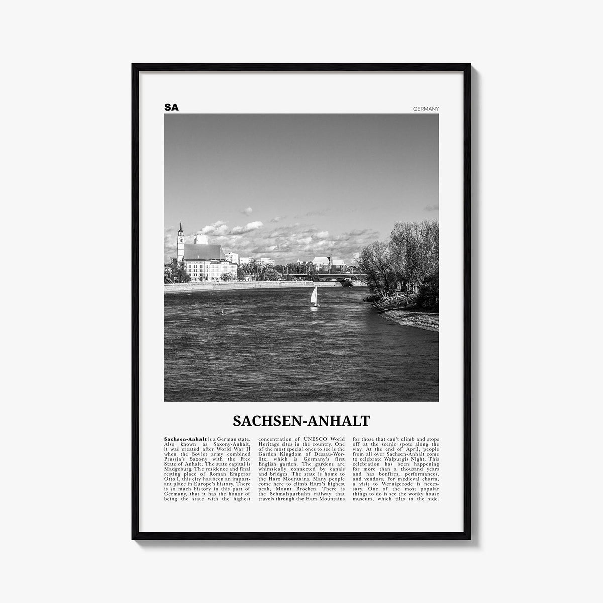 Sachsen-Anhalt black & white newspaper poster of Germany – vertical wall art, unframed print shown in interior mockup