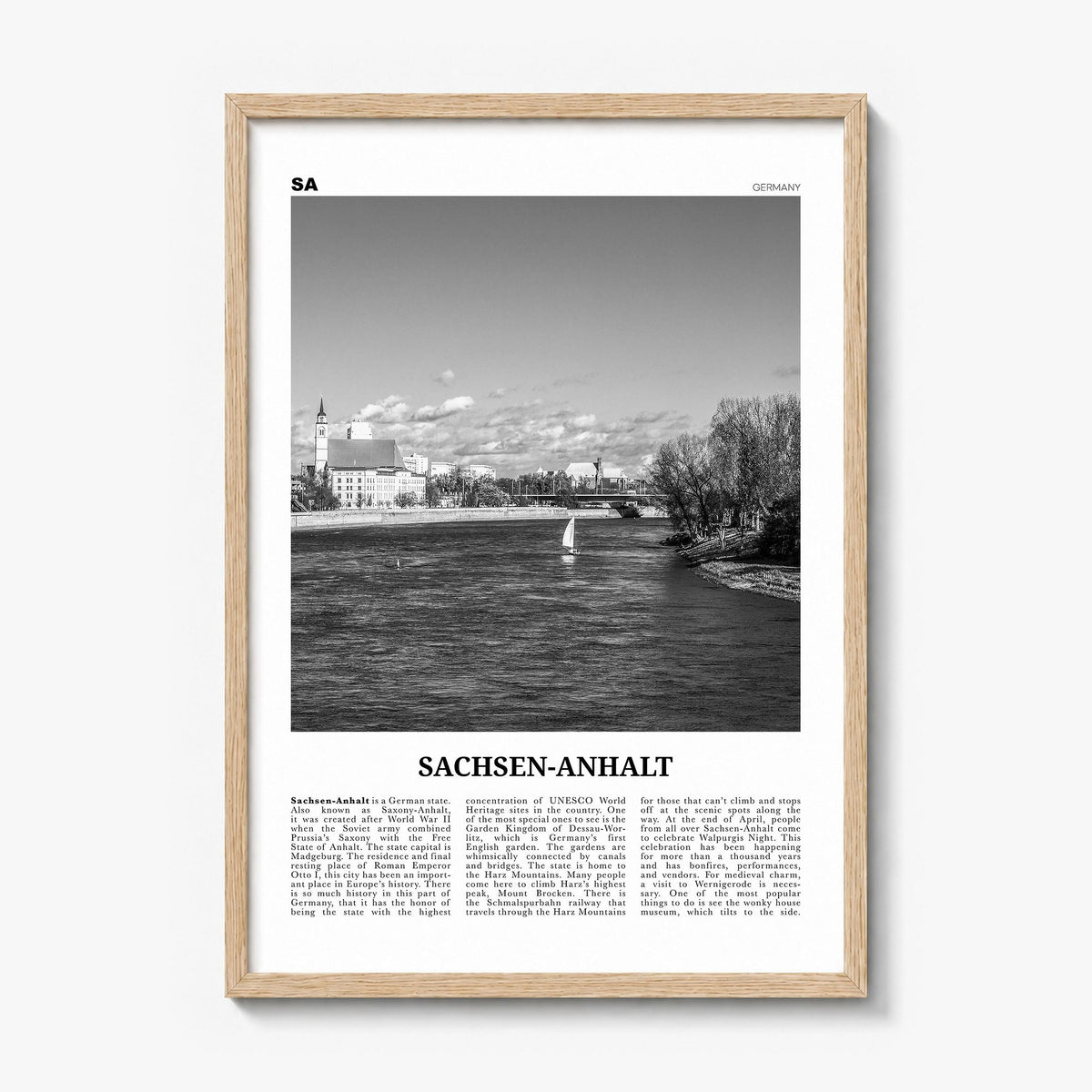 Sachsen-Anhalt Newspaper Poster in a natural wood frame