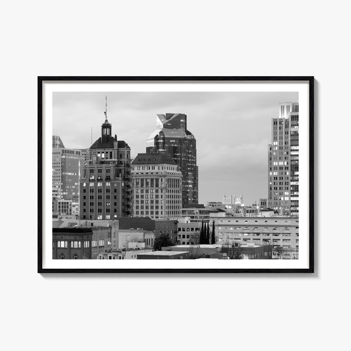 Sacramento black & white photo poster of California, USA – horizontal wall art, unframed print shown in interior mockup