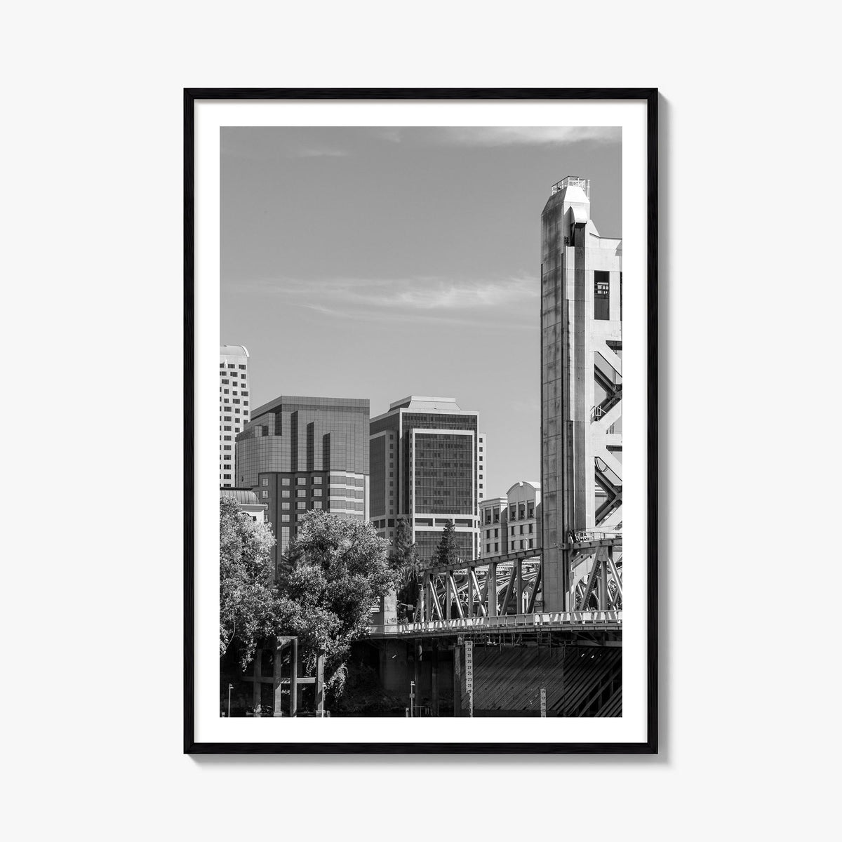 Sacramento black & white photo poster of California, USA – vertical wall art, unframed print shown in interior mockup