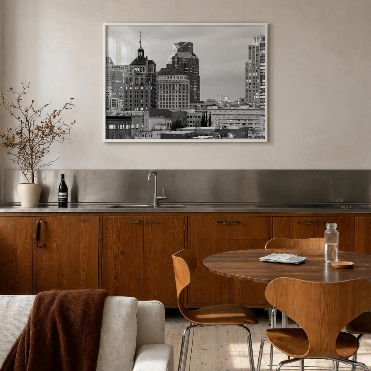 Sacramento black & white photo poster of California, USA – horizontal wall art in white wood frame, hanging on wall