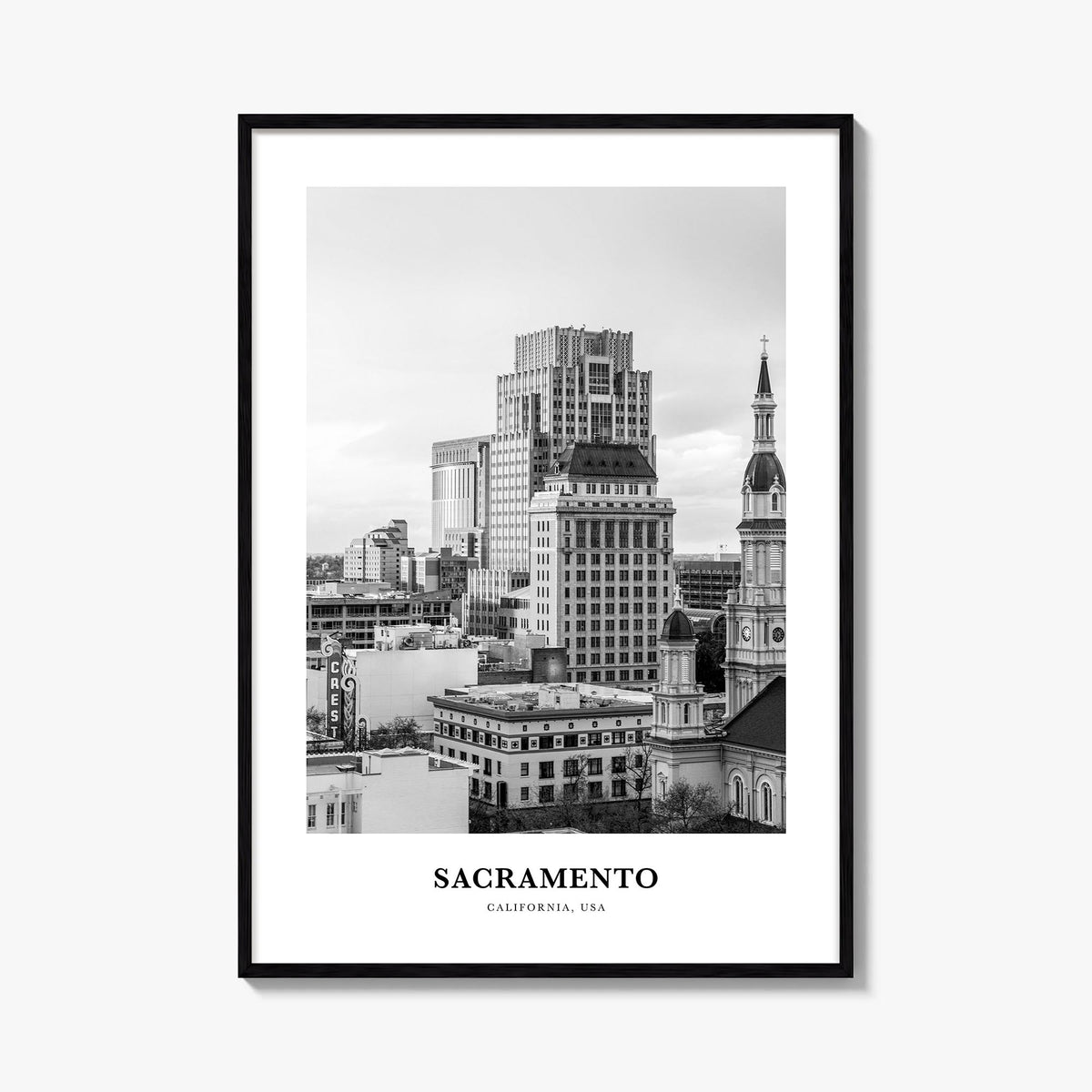 Sacramento no. 1 black & white classic poster of California, USA – vertical wall art, unframed print shown in interior mockup