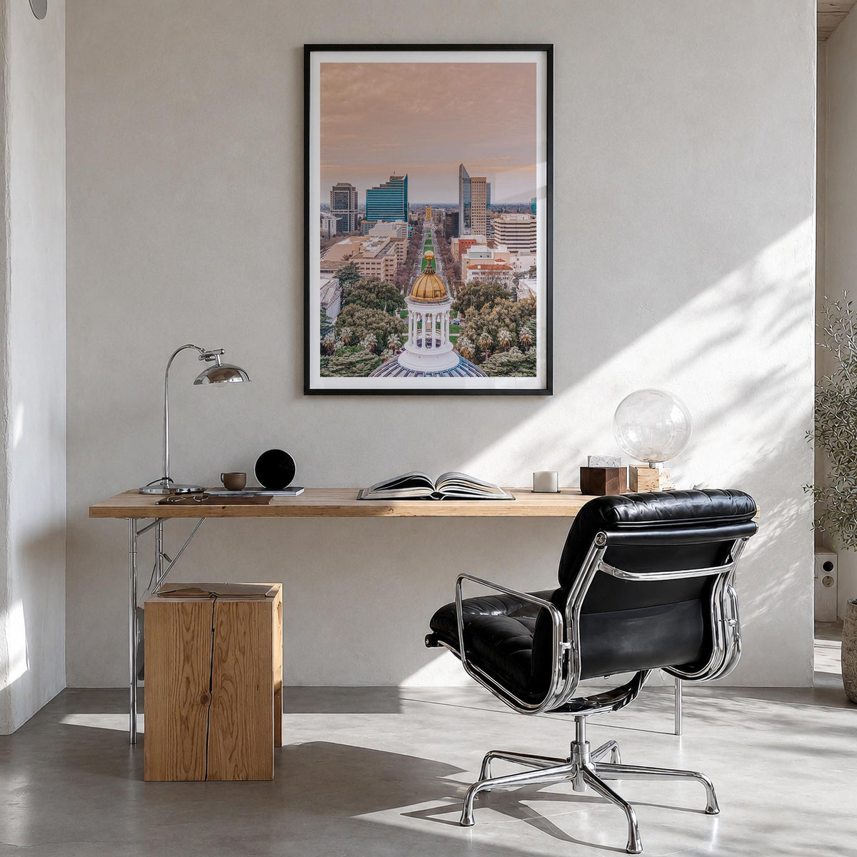 Sacramento no. 1 colorful photo poster of California, USA – vertical wall art in black wood frame with white border, hanging