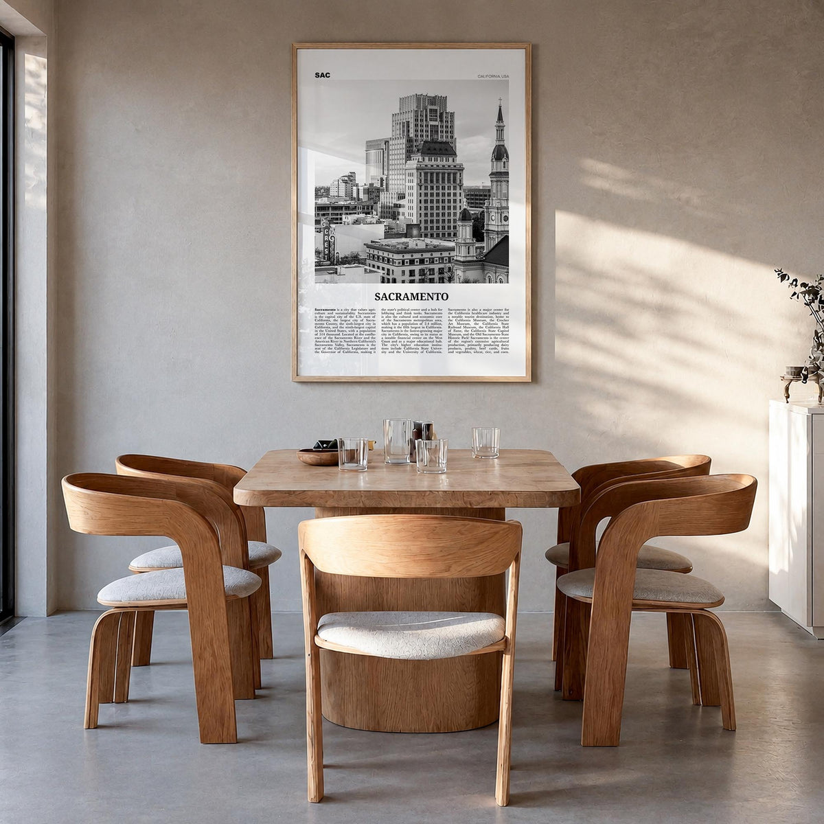 Sacramento no. 2 black & white newspaper poster of California, USA – vertical wall art in natural wood frame, hanging on wall