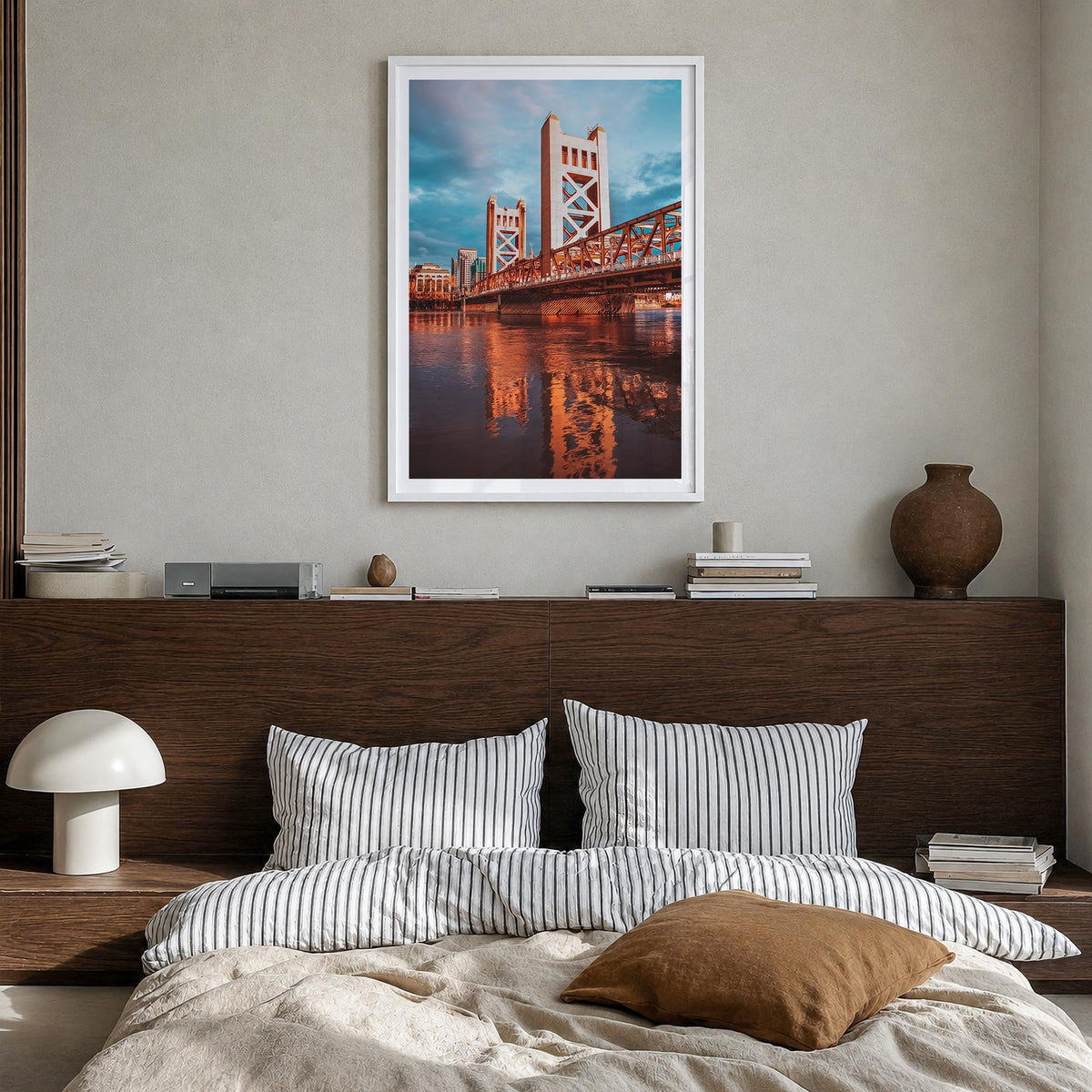 Sacramento no. 2 colorful photo poster of California, USA – vertical wall art in white wood frame with white border, hanging