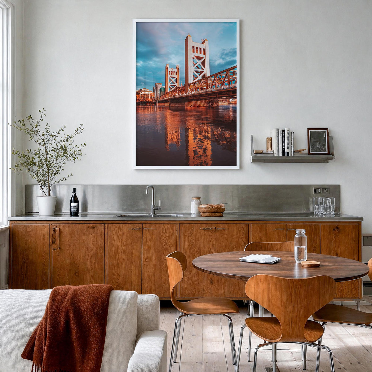 Sacramento no. 2 colorful photo poster of California, USA – vertical wall art in white wood frame, hanging on wall
