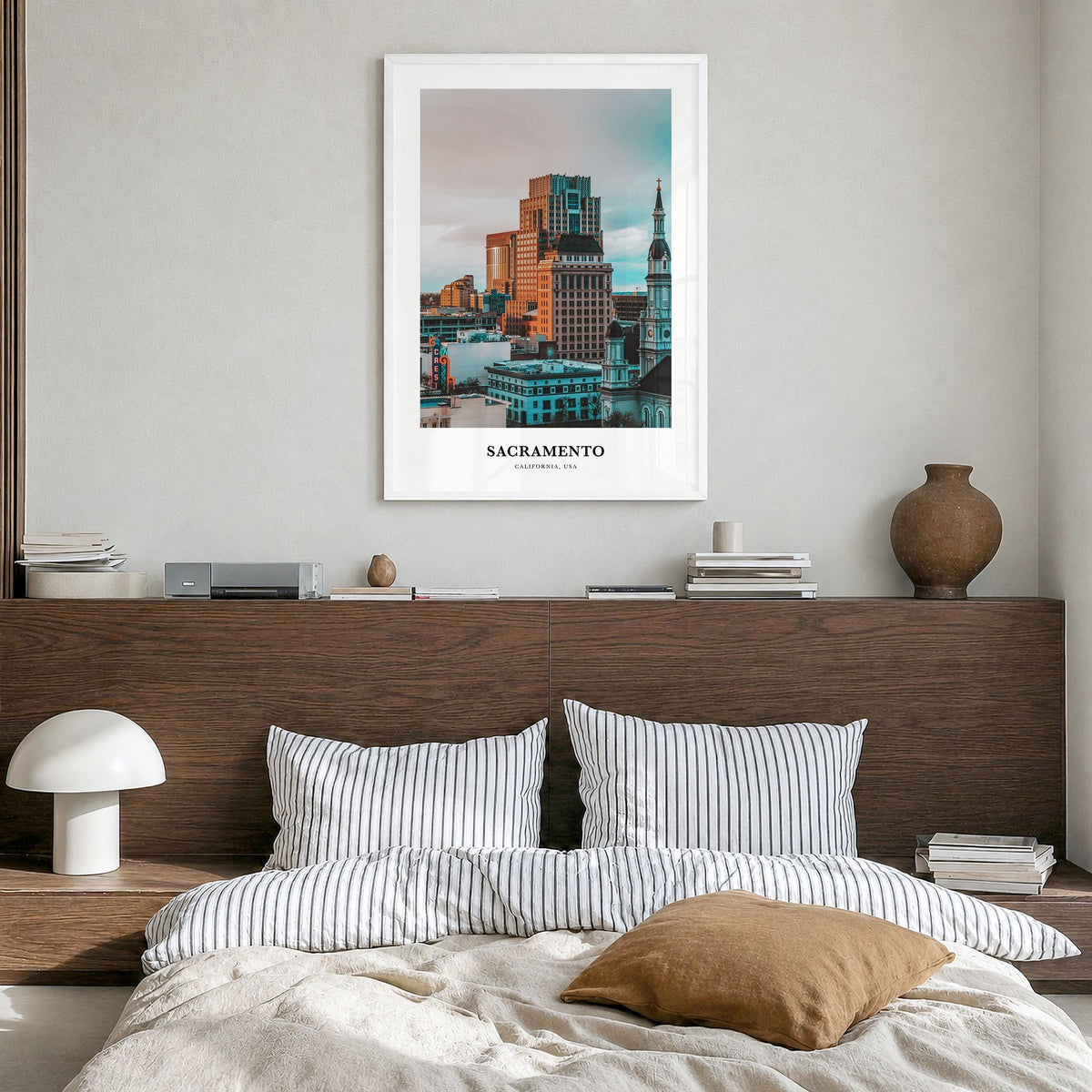 Sacramento Classic Poster in a white wood frame, hanging in a bedroom