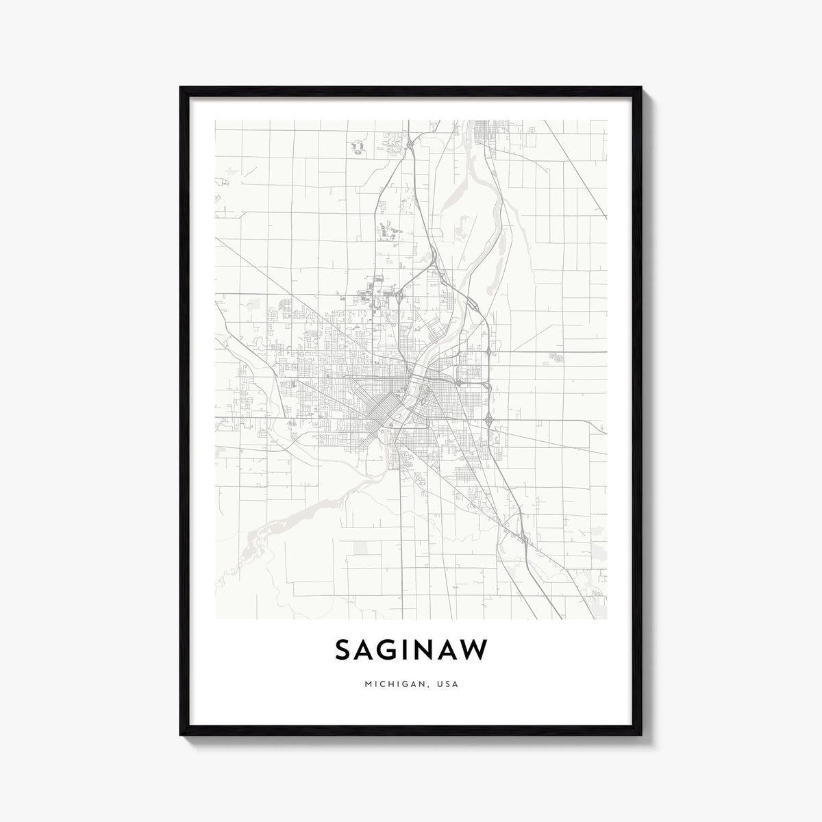 Saginaw black & white map poster of Michigan, USA – vertical wall art, unframed print shown in interior mockup