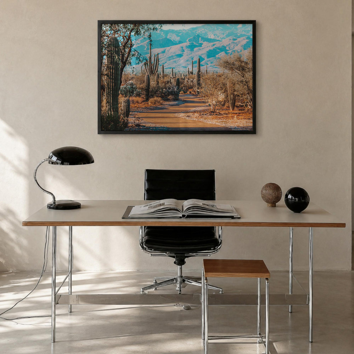 Saguaro National Park colorful photo poster of Arizona, USA – horizontal wall art in black wood frame, hanging on wall
