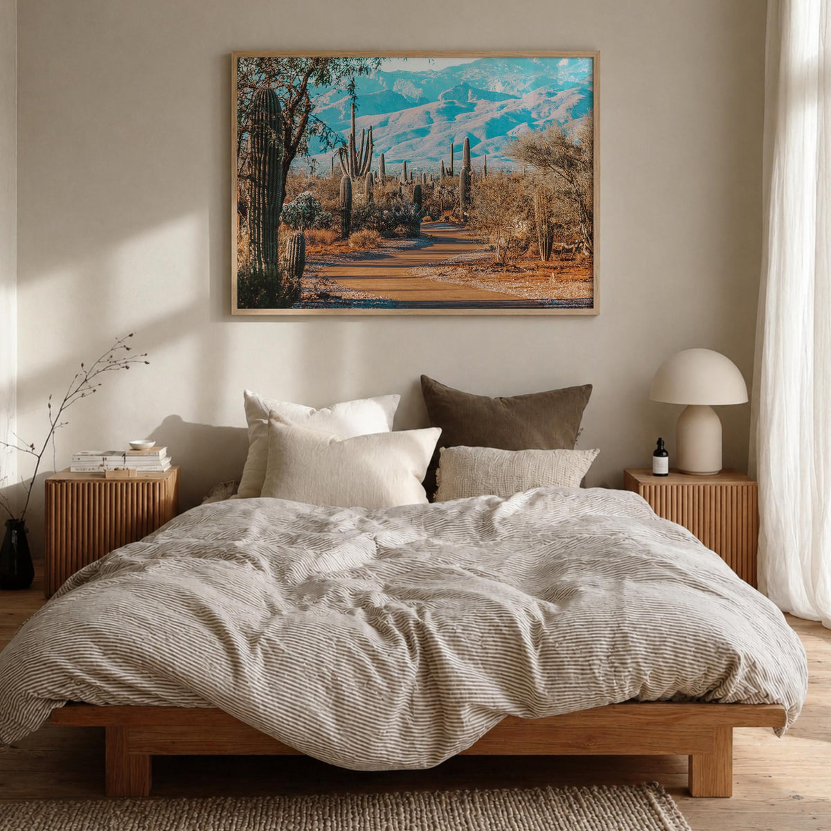 Saguaro National Park colorful photo poster of Arizona, USA – horizontal wall art in natural wood frame, hanging on wall