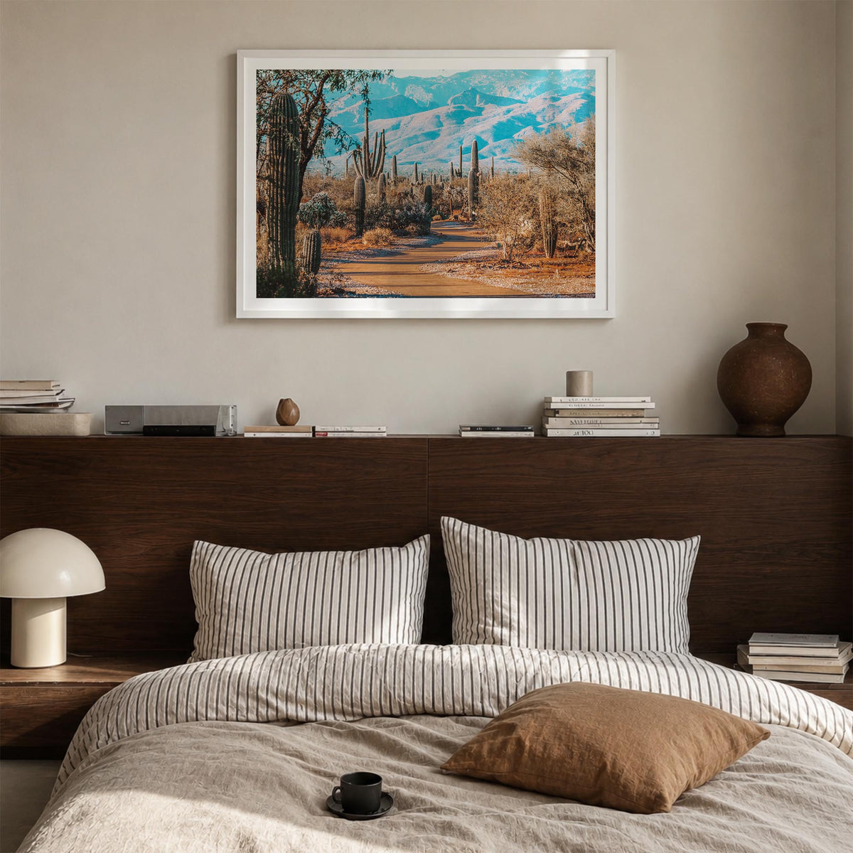 Saguaro National Park colorful photo poster of Arizona, USA – horizontal wall art in white wood frame with white border, hang