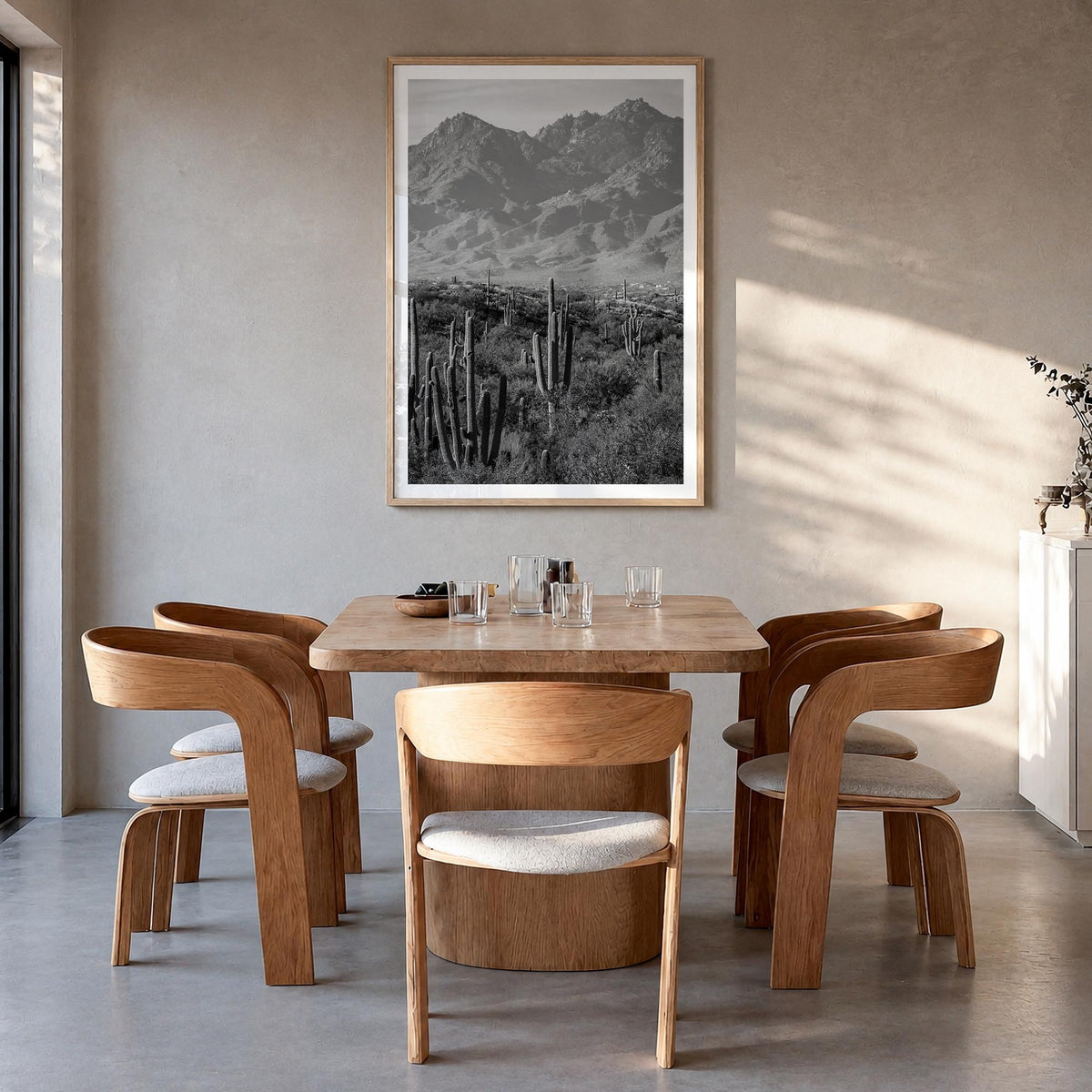 Saguaro National Park no. 1 black & white photo poster of Arizona, USA – vertical wall art in natural wood frame with white b