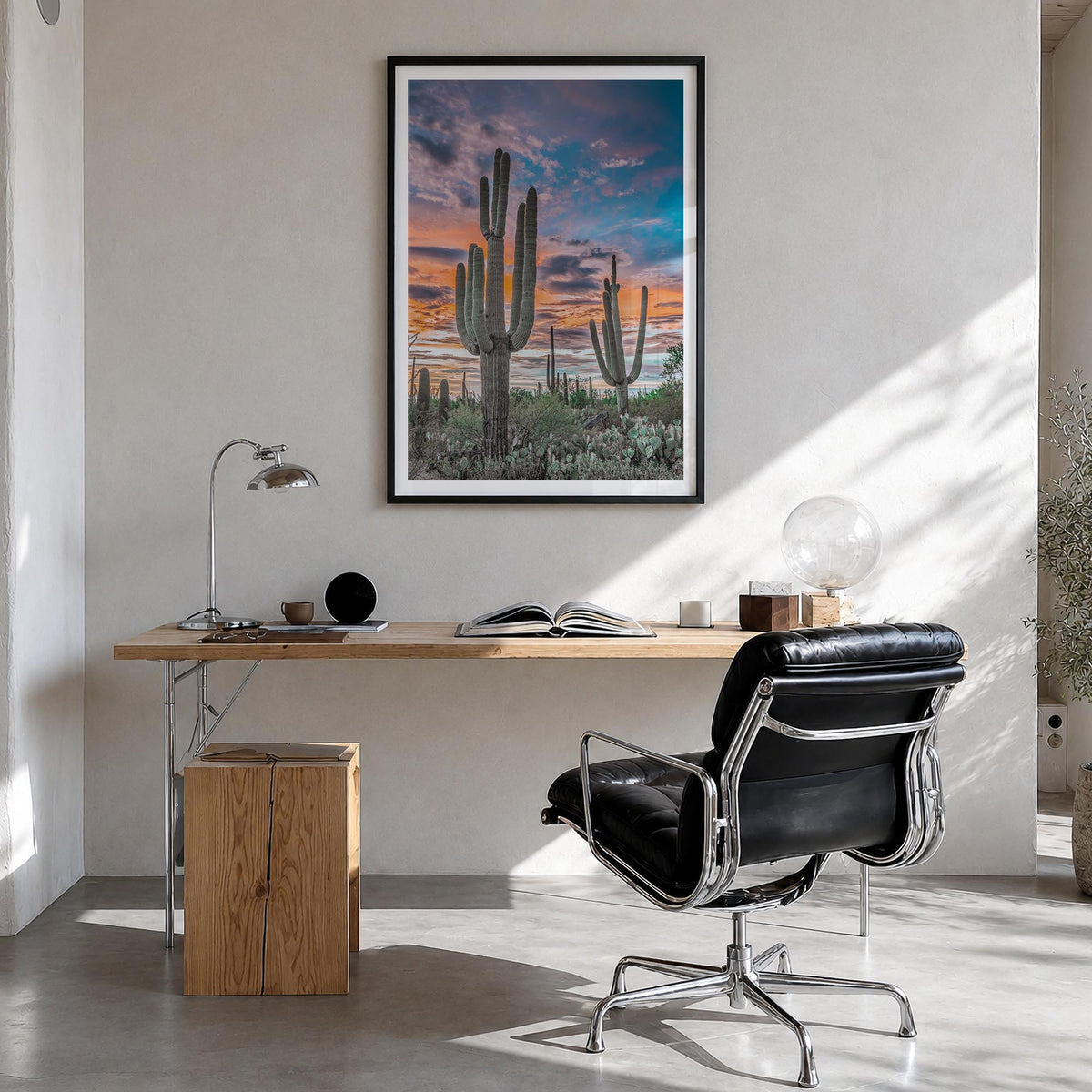 Saguaro National Park no. 2 colorful photo poster of Arizona, USA – vertical wall art in black wood frame with white border,