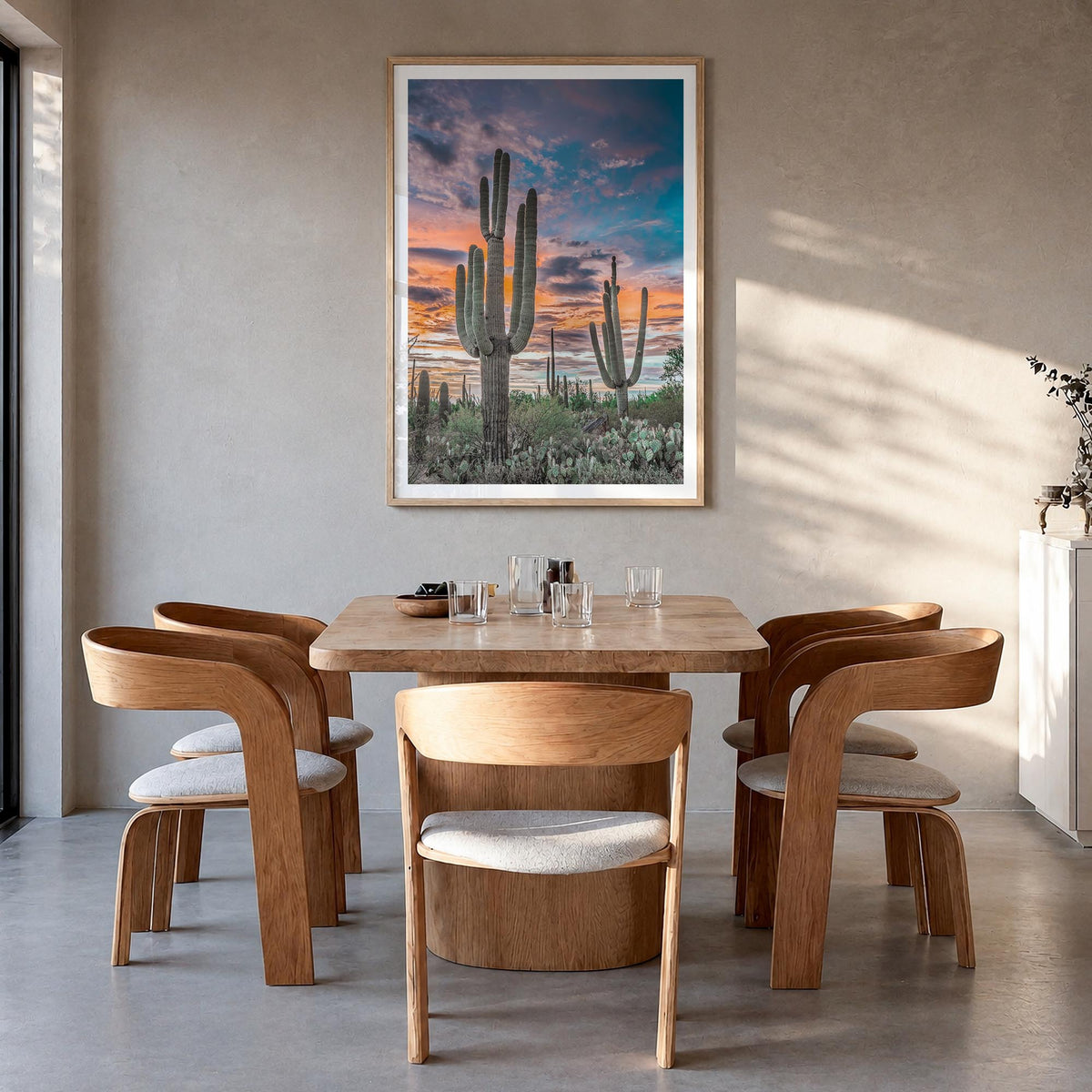 Saguaro National Park no. 2 colorful photo poster of Arizona, USA – vertical wall art in natural wood frame with white border