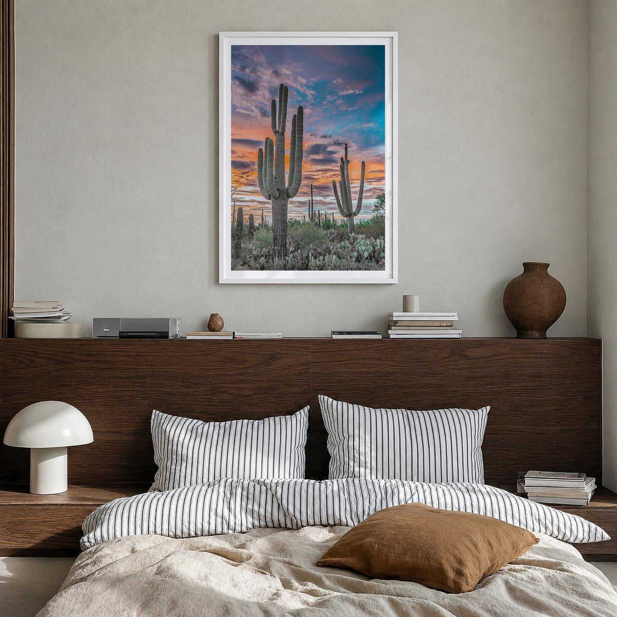 Saguaro National Park no. 2 colorful photo poster of Arizona, USA – vertical wall art in white wood frame with white border,