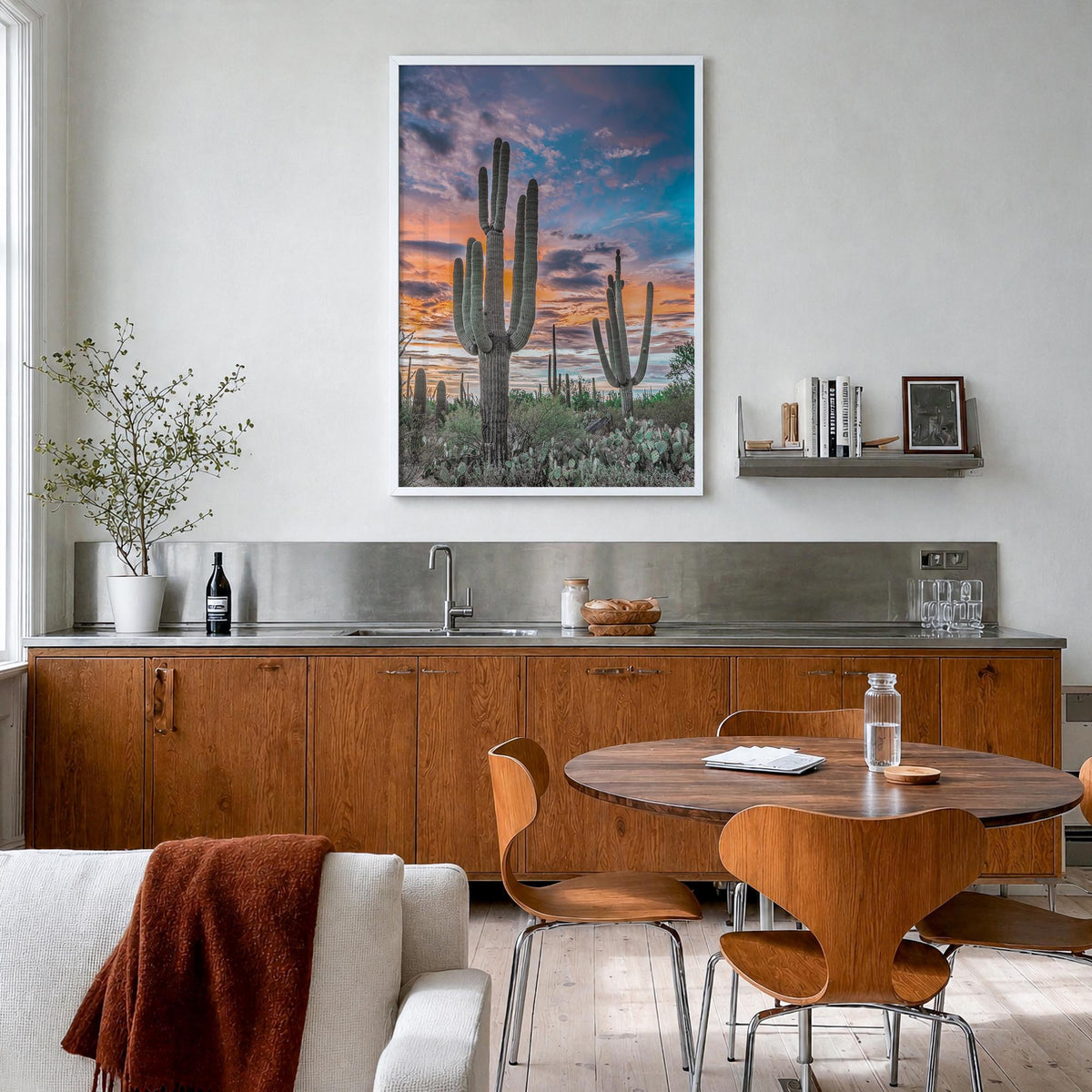 Saguaro National Park no. 2 colorful photo poster of Arizona, USA – vertical wall art in white wood frame, hanging on wall