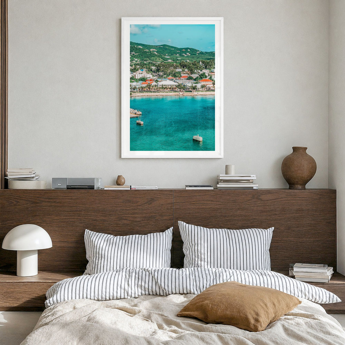 Saint Croix Photo Poster in a white wood frame, hanging in a bedroom, white border