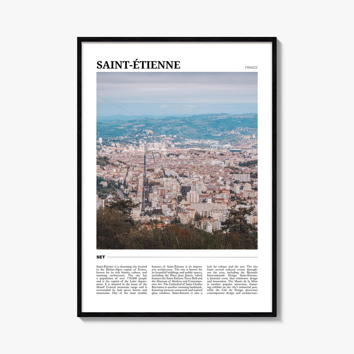 Saint-Étienne colorful travel poster of France – vertical wall art, unframed print shown in interior mockup