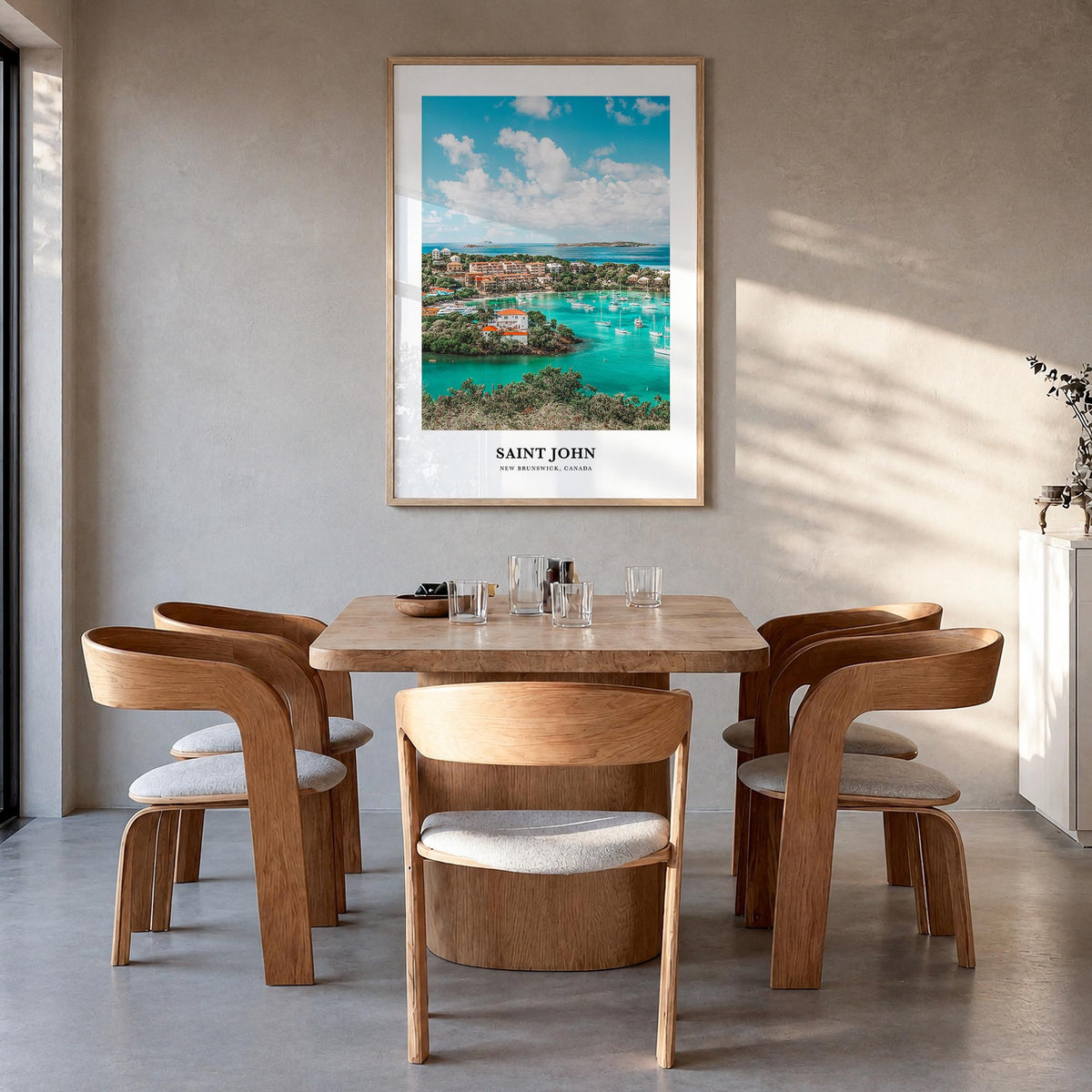 Saint John colorful classic poster of United States Virgin Islands – vertical wall art in natural wood frame, hanging on wall