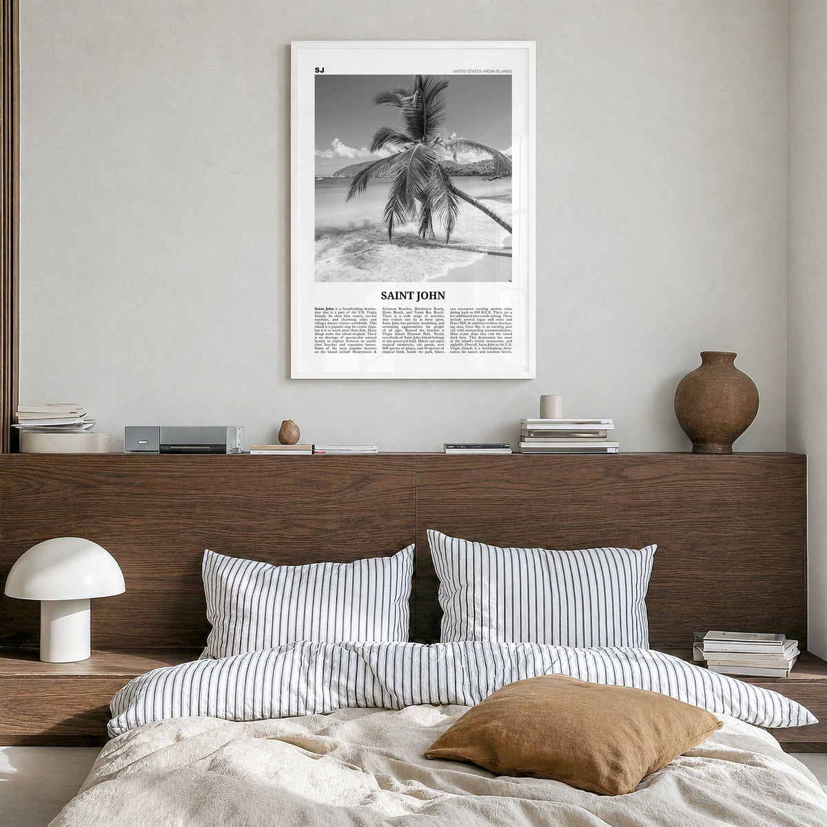 Saint John Newspaper Poster in a white wood frame, hanging in a bedroom