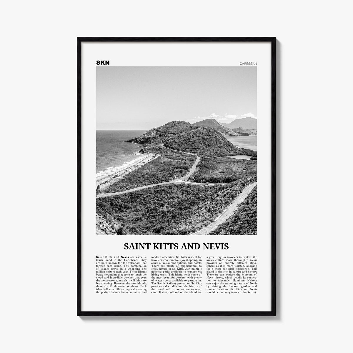 Saint Kitts and Nevis black & white newspaper poster of Caribbean – vertical wall art, unframed print shown in interior mocku