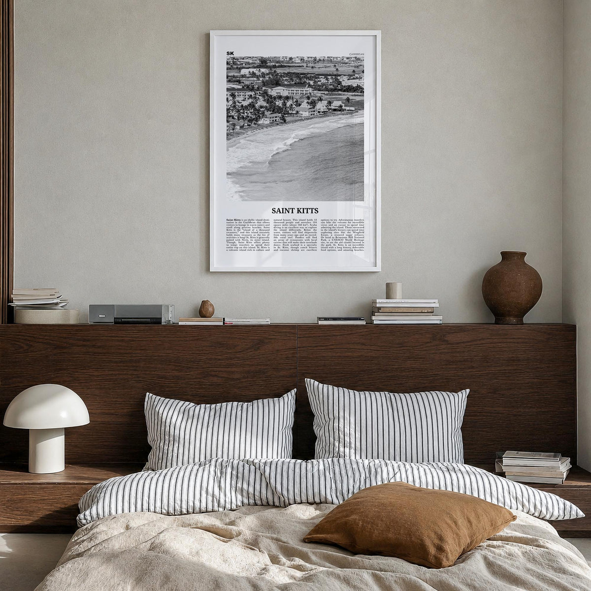 Saint Kitts black & white newspaper poster of Saint Kitts and Nevis – vertical wall art in white wood frame, hanging on wall