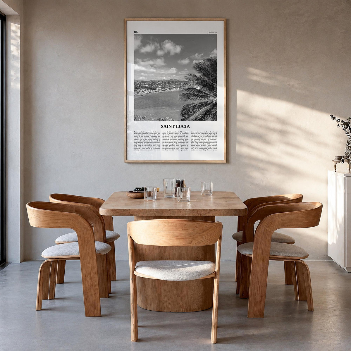 Saint Lucia black & white newspaper poster of Caribbean – vertical wall art in natural wood frame, hanging on wall