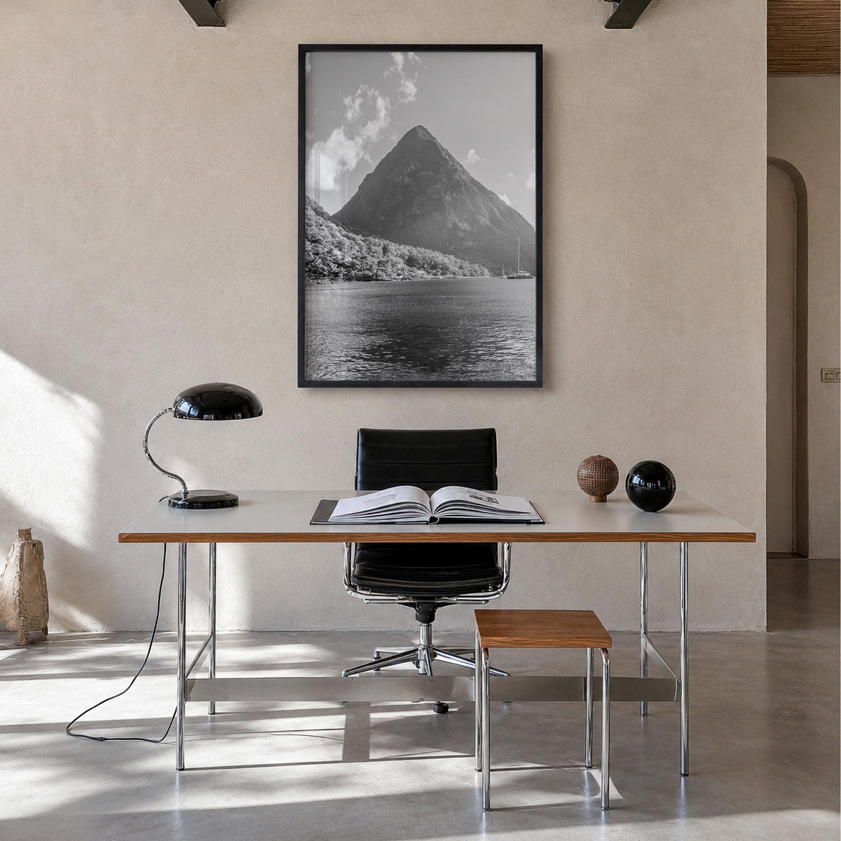 Saint Lucia black & white photo poster of Caribbean – vertical wall art in black wood frame, hanging on wall