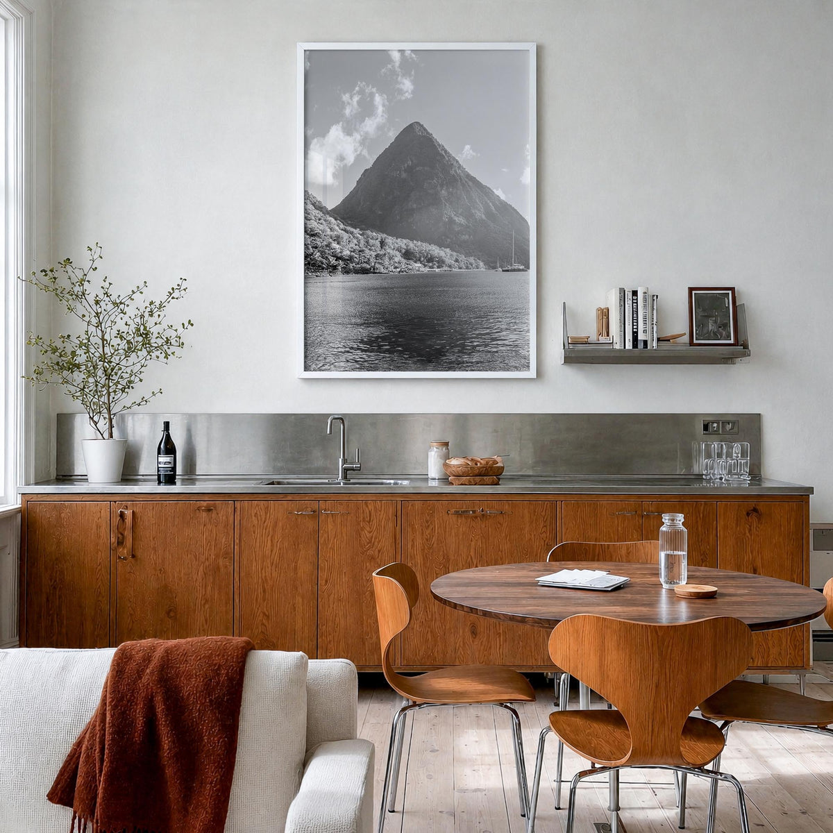 Saint Lucia black & white photo poster of Caribbean – vertical wall art in white wood frame, hanging on wall
