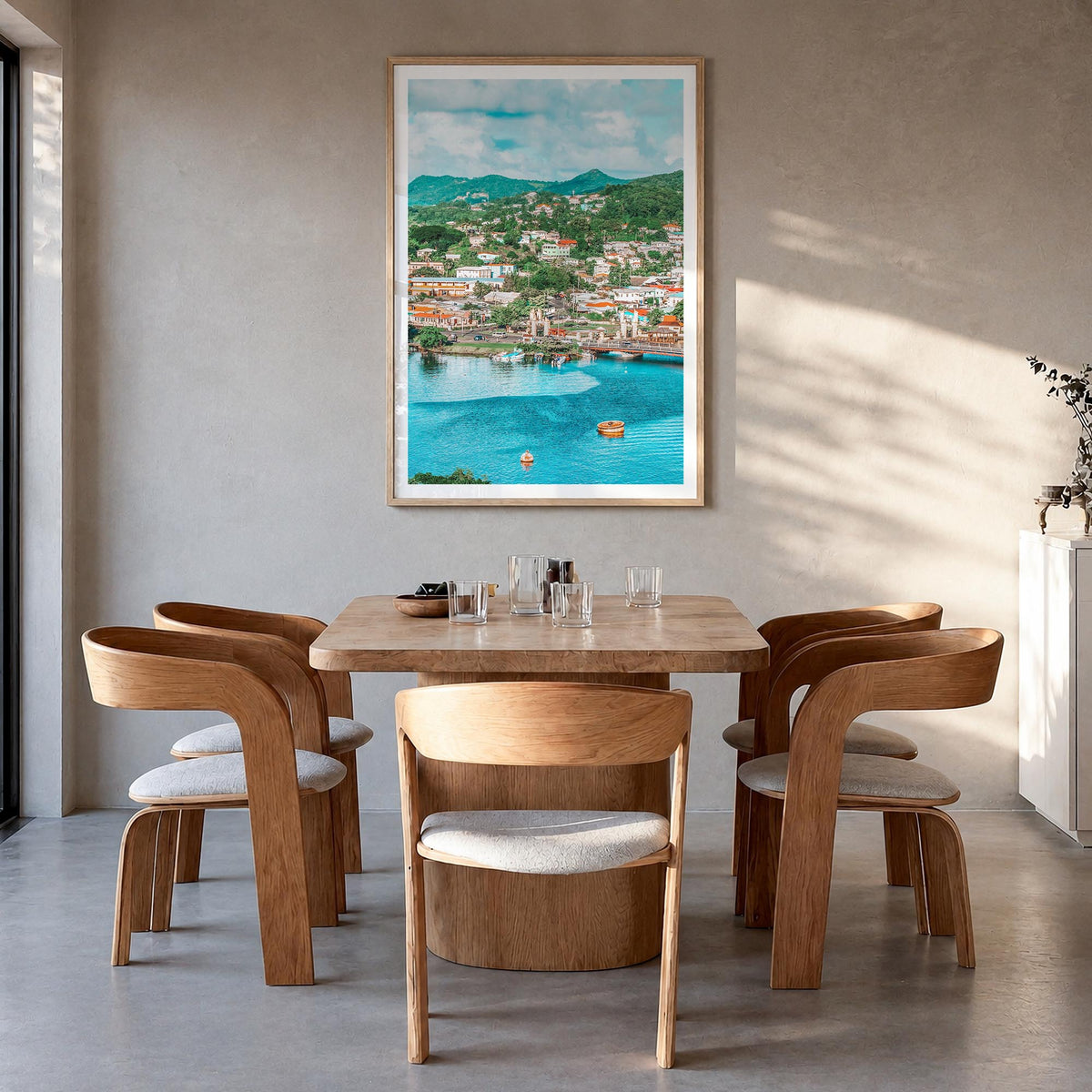 Saint Lucia colorful photo poster of Caribbean – vertical wall art in natural wood frame with white border, hanging on wall