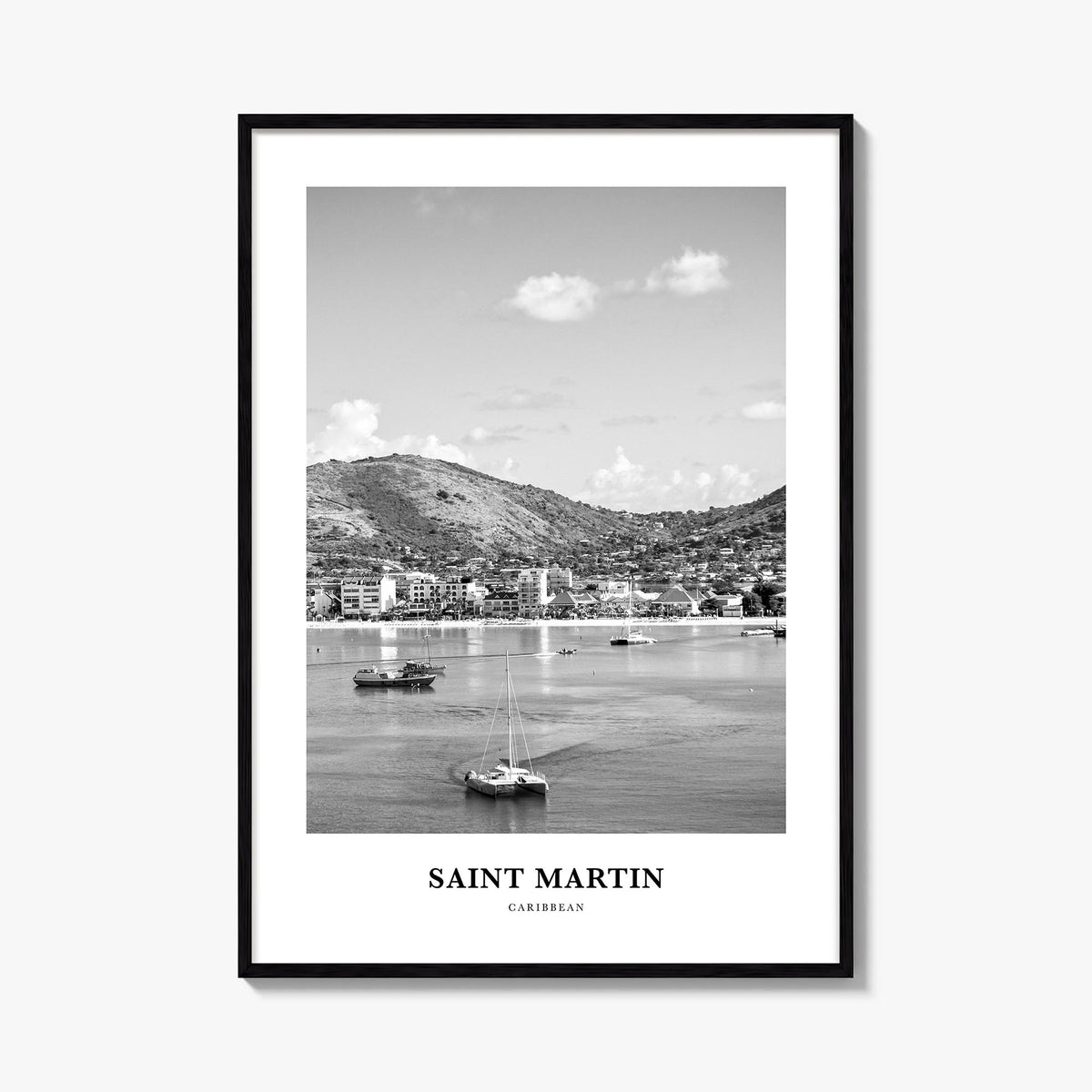 Saint Martin black & white classic poster of Caribbean – vertical wall art, unframed print shown in interior mockup