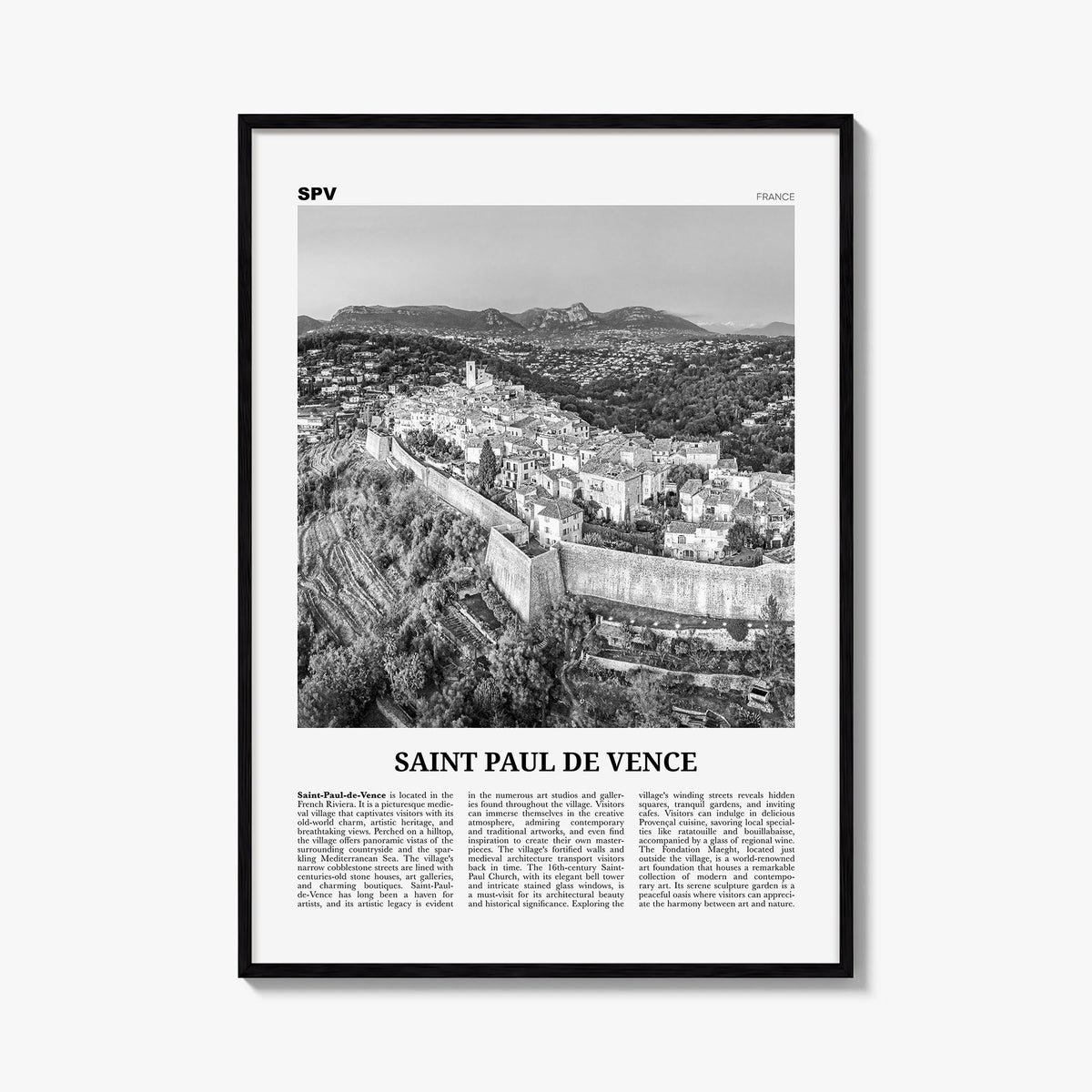 Saint-Paul-de-Vence black & white newspaper poster of France – vertical wall art, unframed print shown in interior mockup