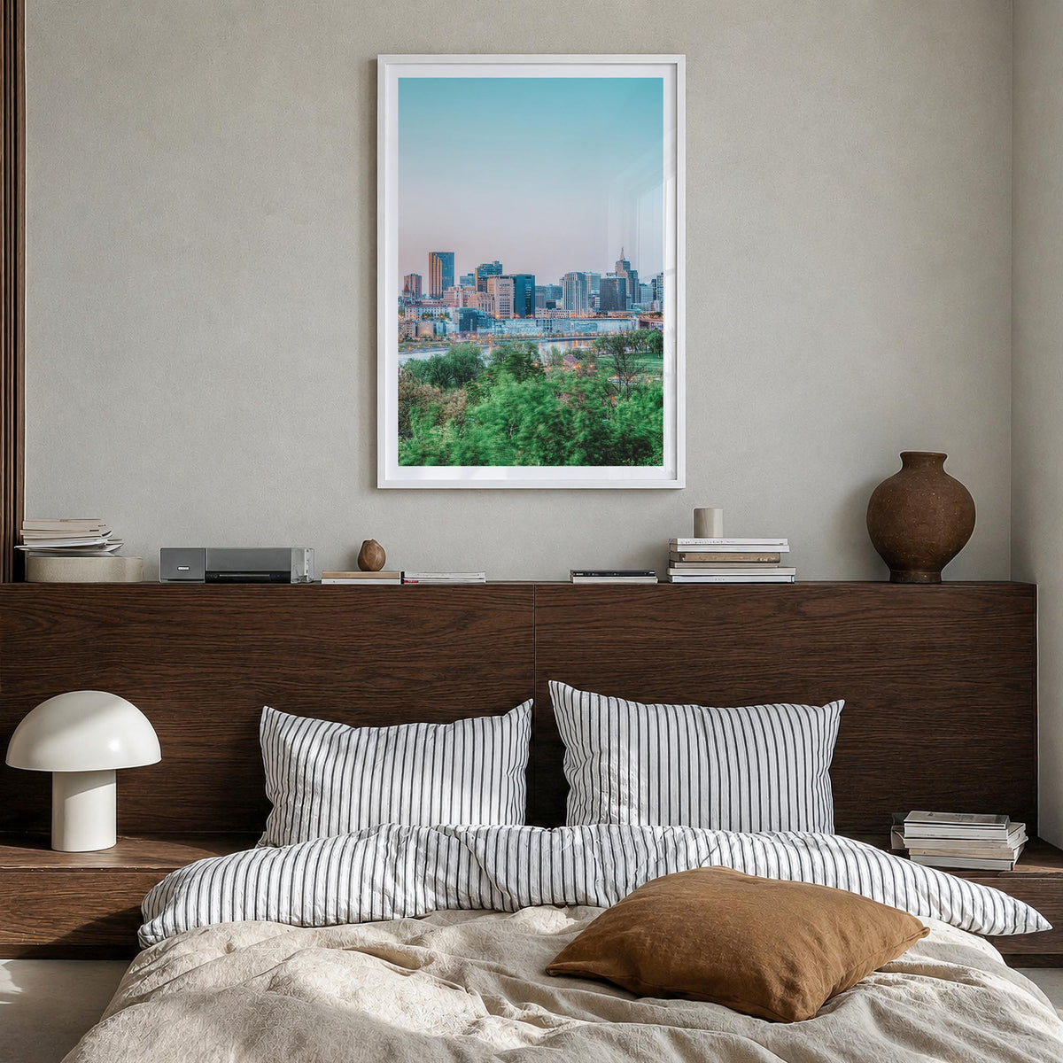 Saint Paul no. 1 colorful photo poster of Minnesota, USA – vertical wall art in white wood frame with white border, hanging o